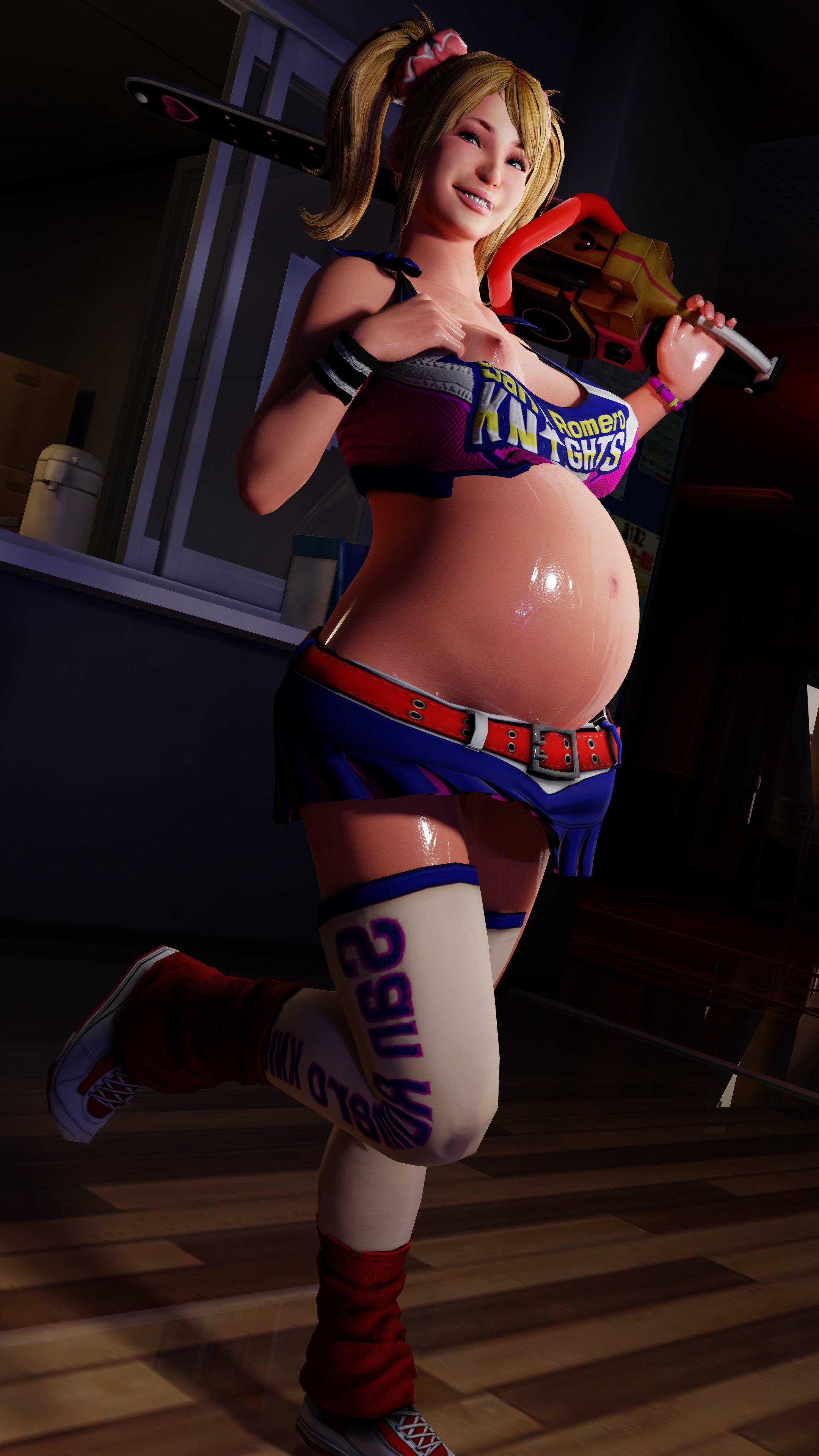 1girls, 3d, 4k, absurdres, areolae, big breasts, blender, breasts, clubzenny, female, female only, highres, huge belly, juliet starling, large breasts, lollipop chainsaw, nipples, pregnant, ready to pop