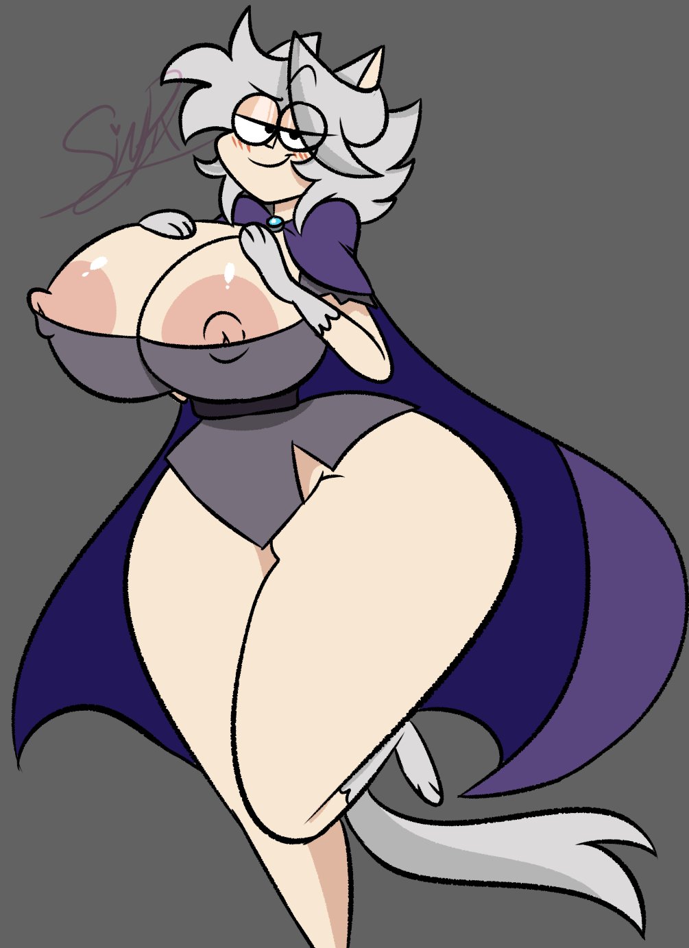 1girls cape cat_ears cleavage female female_focus female_only hourglass_figure huge_breasts light-skinned_female light_skin looking_at_viewer nipple_slip ok_k.o.!_let's_be_heroes pixelzsinful short_hair swift_(pixelzsinful) wide_hips