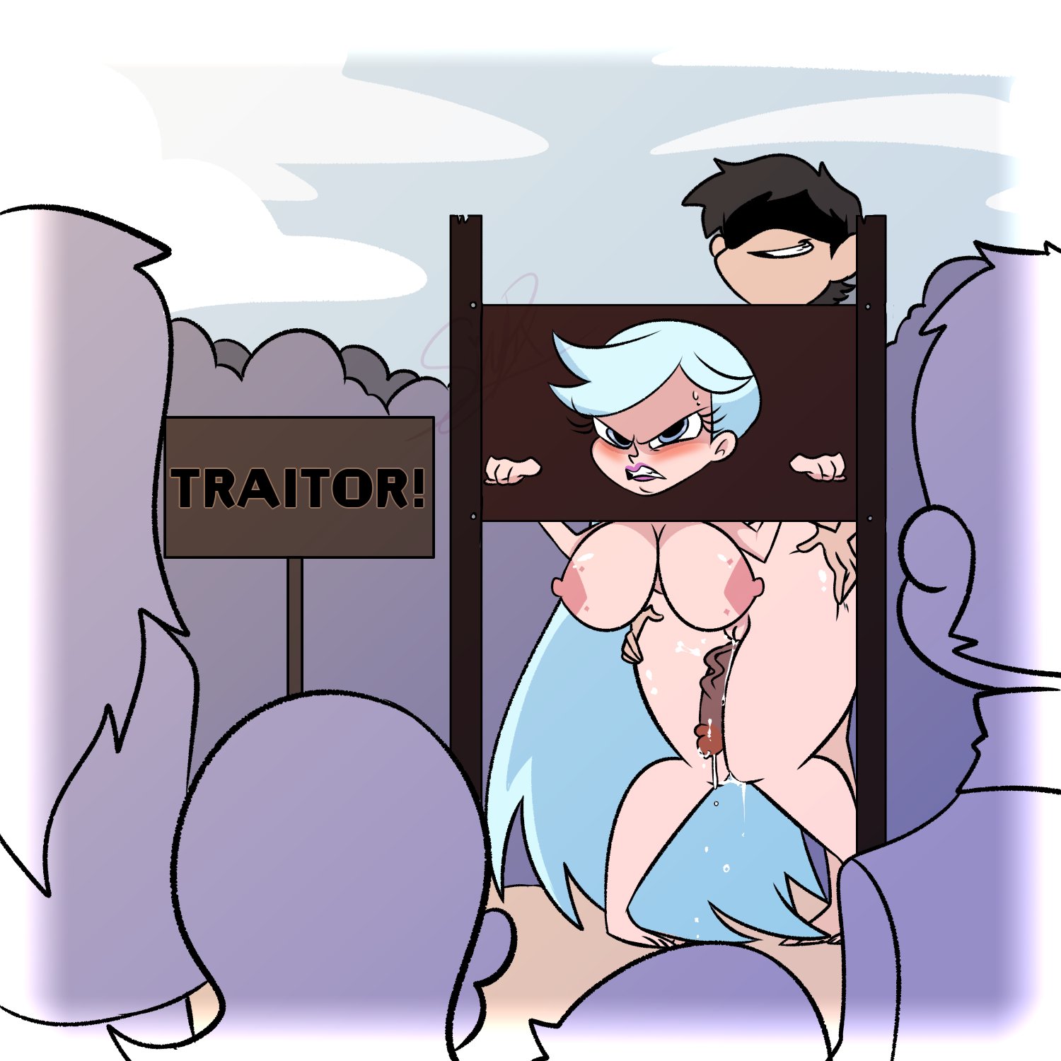 angry, bad end, barefoot, big breasts, blue eyes, blush, bondage, boobs, breasts, brown hair, brunette, captured, captured villainess, cheating boyfriend, completely nude, crowd, daughters boyfriend, defeat, defeated, defeated villainess, enslaved royal, eyeless male, feet, female, female focus, girlfriend's mother, humiliation, in-lawcest, light blue hair, light skin, light-skinned female, long hair, male, marco diaz, mature female, milf, moon butterfly, mother, mother and daughter's boyfriend, mother and daughters boyfriend, mother-in-law, mother-in-law and son-in-law, multiple views, nipples, nude, penis, penis between legs, pillory, pink lipstick, pixelzsinful, public, public humiliation, public nudity, public punishment, public use, punishment, queen, rape, royalty, sex slave, slave, son-in-law, star vs the forces of evil, stocks