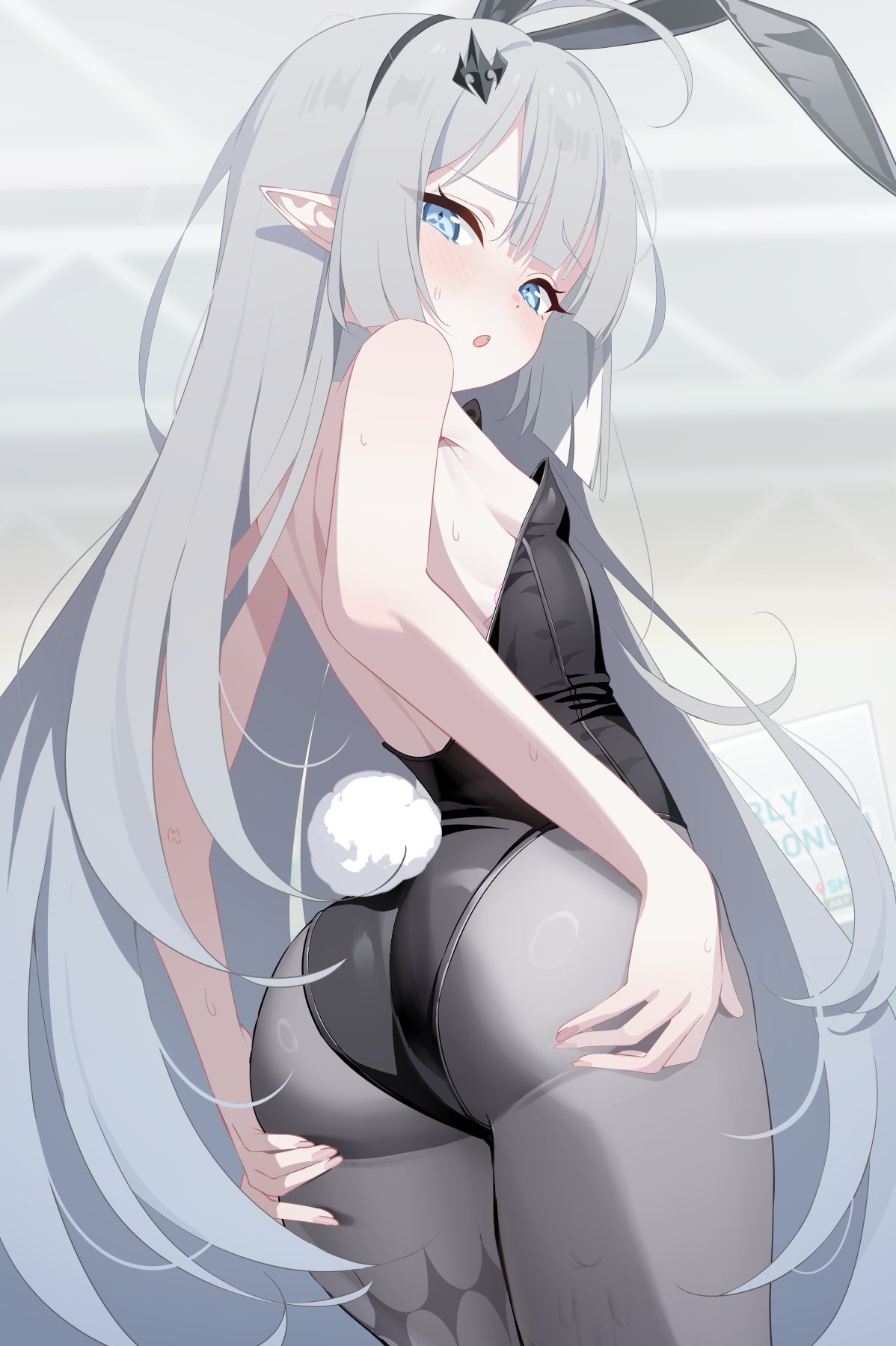 1girls, ahoge, animal ears, ass, blue eyes, blush, breasts, bunnysuit, deyui, fake animal ears, fake tail, female, female focus, female only, female tyrant (stella sora), grey hair, grey pantyhose, hair ornament, high resolution, highres, leotard, long hair, looking back, meccha chameleon, pantyhose, playboy bunny, pointy ears, rabbit ears, rabbit tail, sideboob, small breasts, solo, stella sora, strapless, strapless leotard, tail, tyrant (stella sora), very long hair