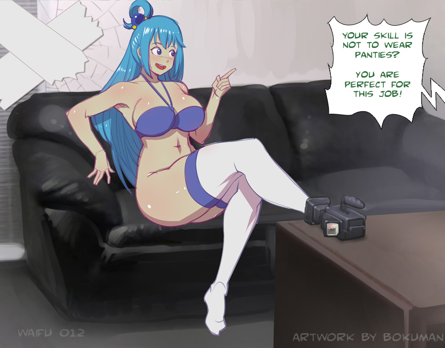 1girls, 2019, aqua (konosuba), blue eyes, blue hair, bokuman, casting couch, female, kono subarashii sekai ni shukufuku wo!, no panties, studio deen
