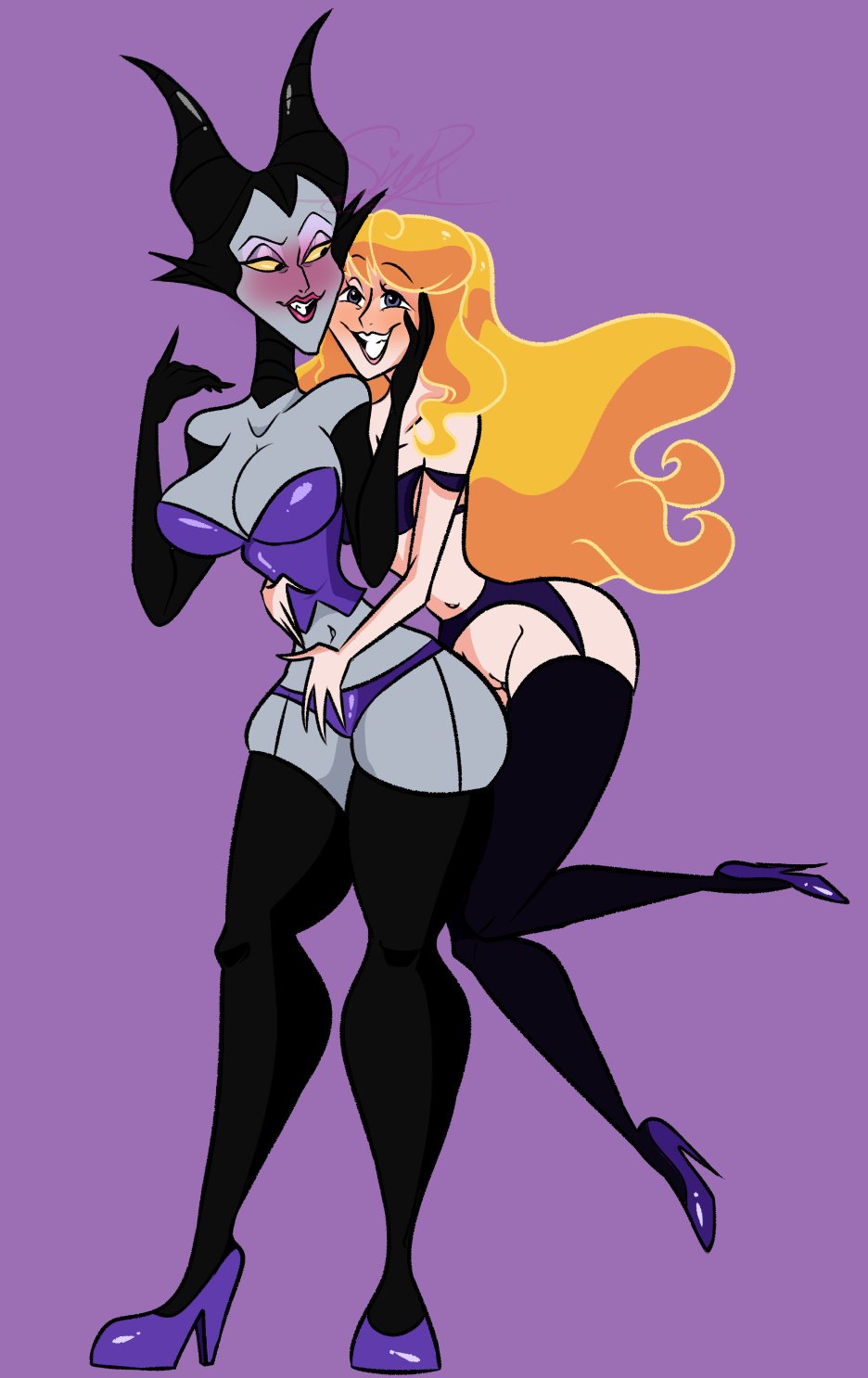 2girls, age difference, aurora (sleeping beauty), big breasts, blonde hair, blush, breasts, disney, disney princess, disney villains, elbow gloves, female, female only, garter belt, gloves, high heels, horns, hug from behind, light skin, light-skinned female, lingerie, long hair, maleficent, multiple females, multiple girls, no panties, pixelzsinful, princess, pussy, royalty, sleeping beauty (1959 film), villain, villainess, witch, young, younger female, yuri