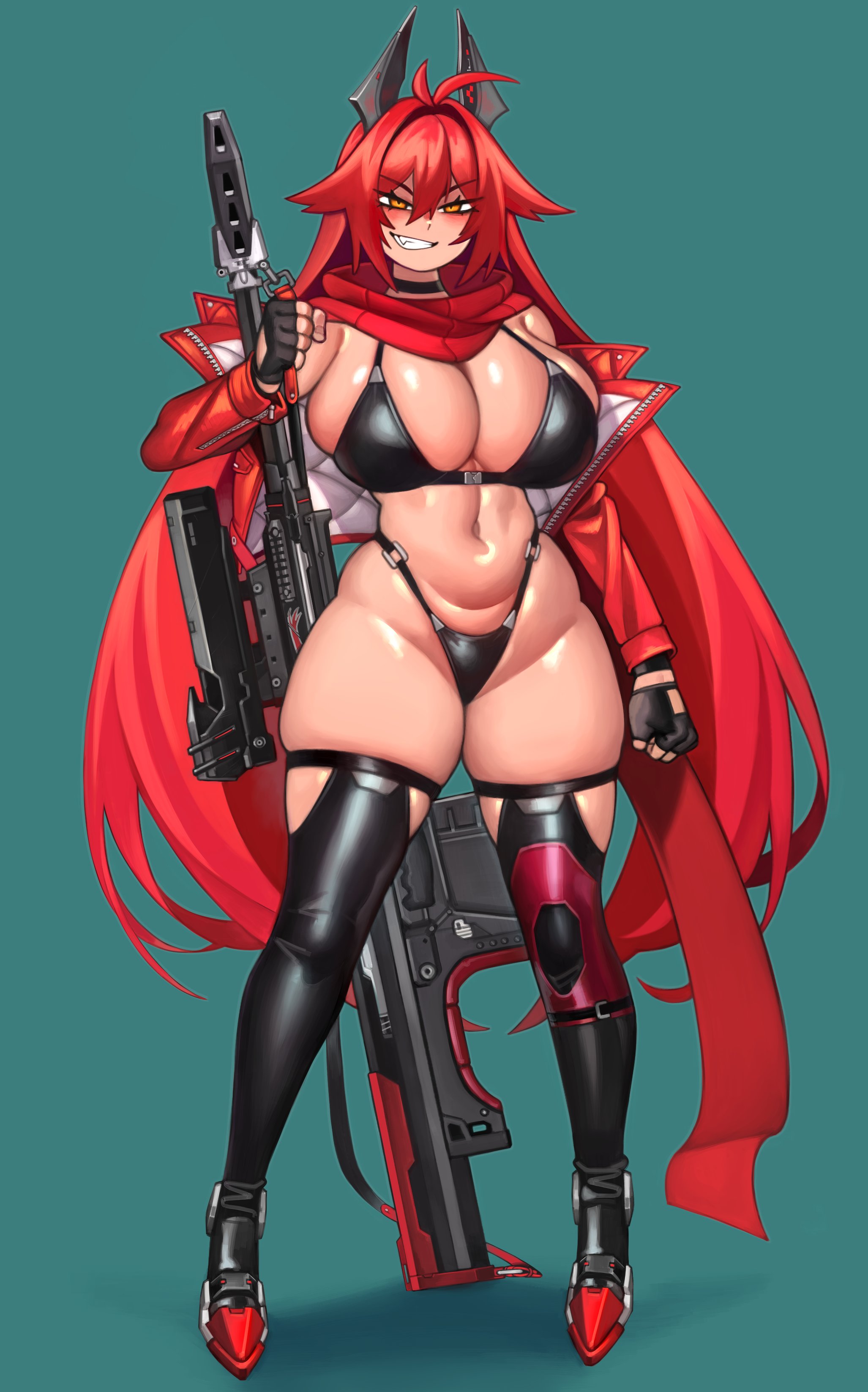 1girl, 1girls, 2d, 2d (artwork), almost naked, almost nude, barely clothed, big boobs, big breasts, big tits, bikini, bikini bottom, bikini top, black bikini, black choker, black gloves, black swimsuit, black swimwear, blush, blushing, boobs, boobs bigger than head, breasts, breasts bigger than head, choker, clothes, color, colored, curvaceous, curvaceous body, curvaceous female, curvaceous figure, curves, curvy, curvy body, curvy female, curvy figure, curvy hips, female, female focus, female only, fist, garter belt leggings, garter straps, glistening, glistening body, glistening breasts, gloves, goddess of victory: nikke, grin, grinning, gun, hair, hair between eyes, hair ornament, high resolution, highres, horns, jacket, jacket open, kelvin hiu, large boobs, large breasts, large tits, latex, latex bikini, leggings, legwear, light skin, light-skinned female, long hair, long sleeves, navel, nearly nude, nipples covered, open jacket, orange eyes, overflowing breasts, pose, posing, red clothing, red hair, red hood (nikke), red scarf, revealing clothes, revealing swimsuit, scarf, sexy, sexy body, sexy clothing, sexy female, sexy pose, sexy woman, sharp teeth, simple background, sniper rifle, solo, solo female, solo focus, standing, swimsuit, tall female, teeth, teeth showing, thin waist, tits, tits bigger than head, voluptuous, voluptuous body, voluptuous female