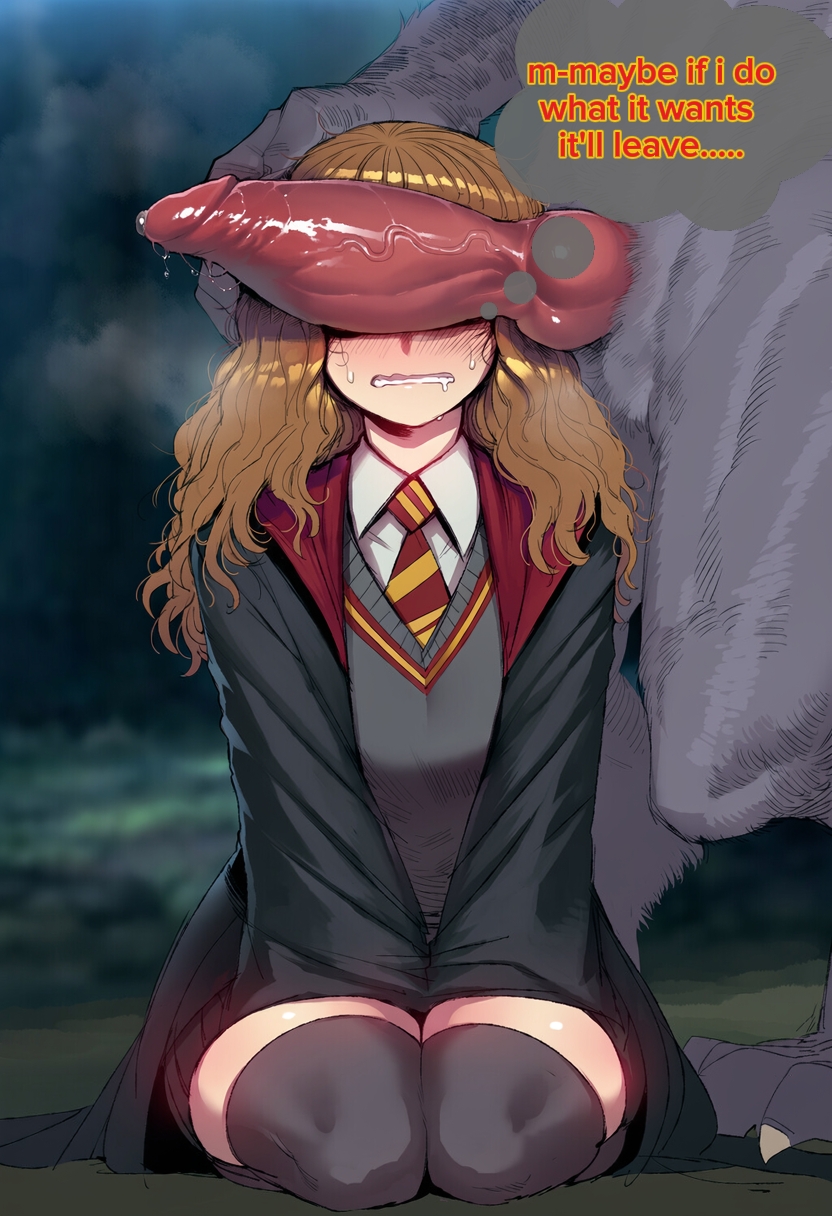 ai generated, anthro, anthro dominating human, bangs, brown hair, canine, canine on human, cock in face, cock over eyes, domination, femsub, gryffindor, harry potter, hermione granger, human, human female, imminent oral, imminent rape, imminent sex, interspecie, interspecies, male anthro/female human, nervous, pale skin, pale-skinned female, petite, ponyguy101, school uniform, schoolgirl, size difference, submissive human, sweating, tagme, thighhighs, wand, warner brothers, werewolf, wolf