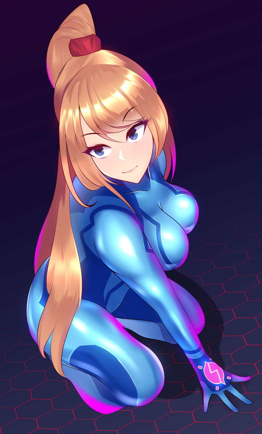 blonde hair, blue eyes, bodysuit, breasts, cleavage, female, female focus, female only, large breasts, light skin, light-skinned female, metroid, nintendo, samus aran, skin tight, solo, solo female, thighs, voluptuous, volyz, zero suit, zero suit samus