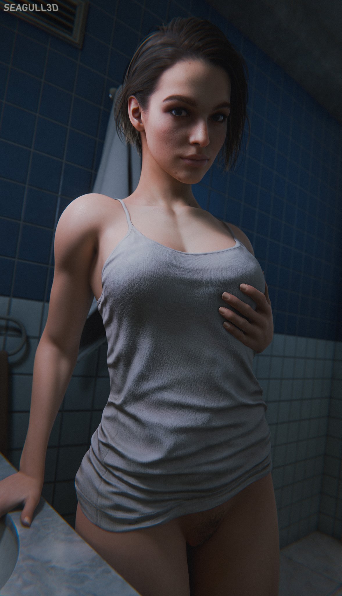 3d, 3d (artwork), 3d background, 3d model, bathroom, eye contact, female, female focus, female only, half naked, half nude, half-dressed, hand on breast, hand under breast, jill valentine, jill valentine (sasha zotova), looking at viewer, no panties, pale-skinned female, pussy, resident evil, resident evil (series), resident evil 3, seagull3d, sink, smile, standing, teasing, thighs, touching breast, touching self, vagina