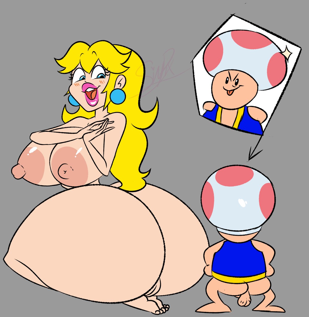 1boy, 1girls, alternate breast size, ass, balls, blonde hair, blue eyes, breasts, completely nude, female, full body, grey background, huge ass, huge breasts, huge butt, humanoid, long hair, looking at another, looking back, male, mario (series), nintendo, nipples, nude, penis, pixelzsinful, princess peach, pussy, seiza, simple background, sitting, smaller male, smile, standing, testicles, toad (mario)
