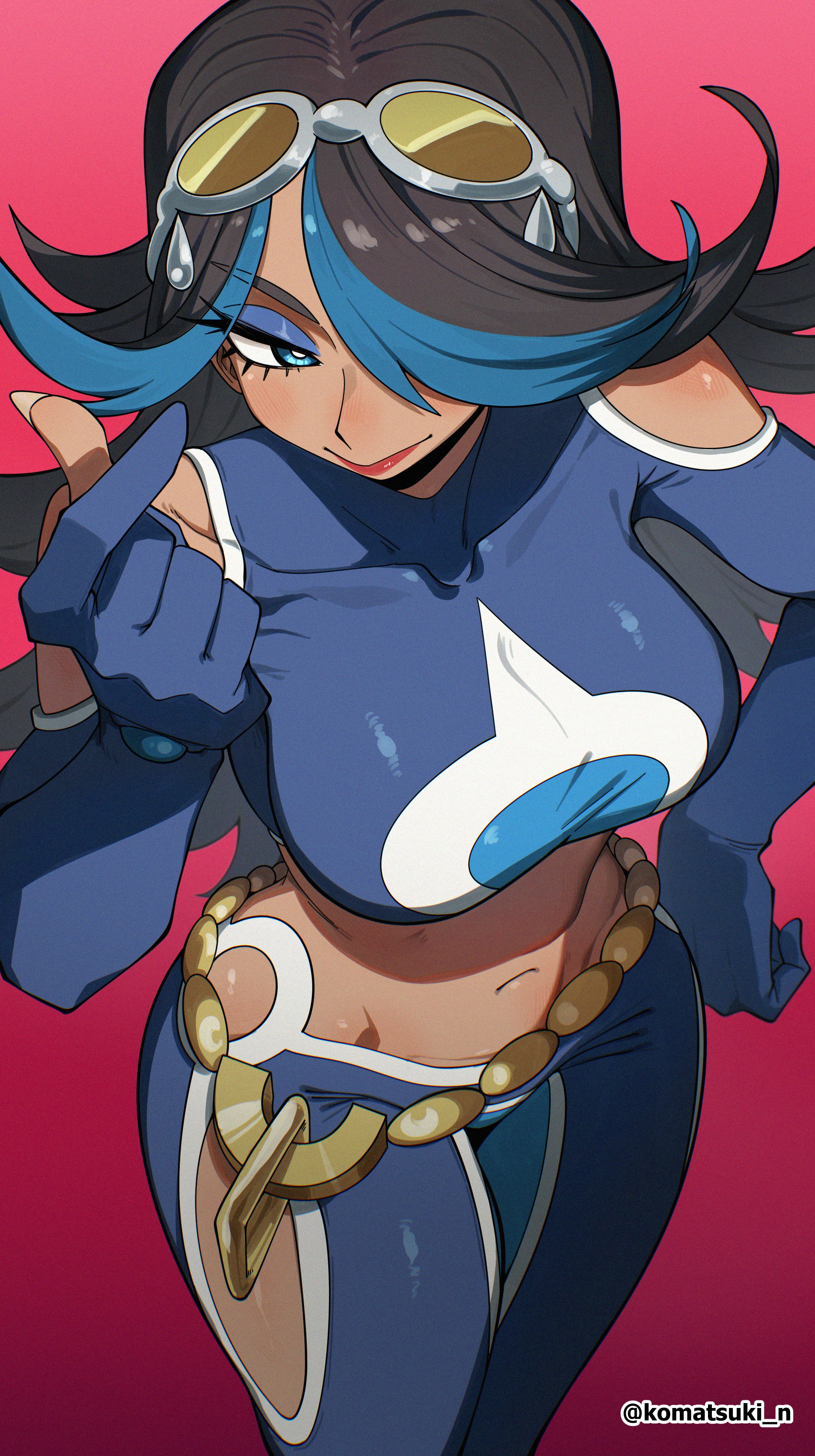 black hair, blue eyes, dark skin, dark-skinned female, heart fingers, komatsuki, large breasts, long hair, midriff, pokemon, pokemon oras, shelly (pokemon oras), shelly (pokemon)