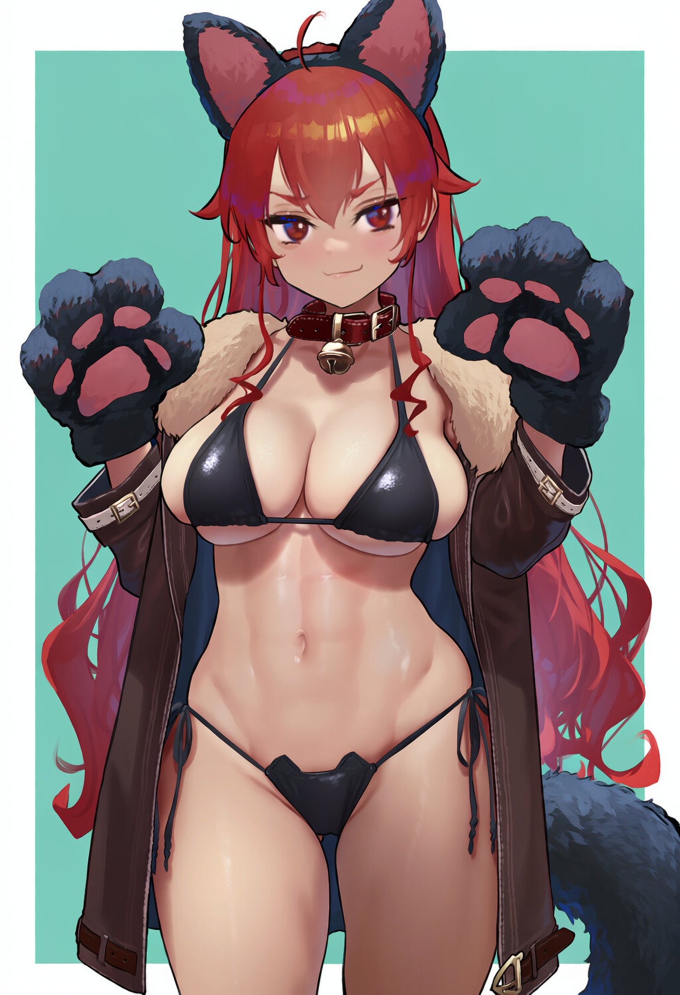 abs, artist request, big breasts, bikini, black bikini, cat ears, cat tail, catgirl, cute, cute face, dominant, dominant female, eris greyrat, female, female only, hips, long hair, looking at viewer, mommy, muscle mommy, muscles, muscular female, mushoku tensei, mushoku tensei: isekai ittara honki dasu, pose, posing, posing for the viewer, red eyes, red hair, smile, smile at viewer, solo, solo female, tits