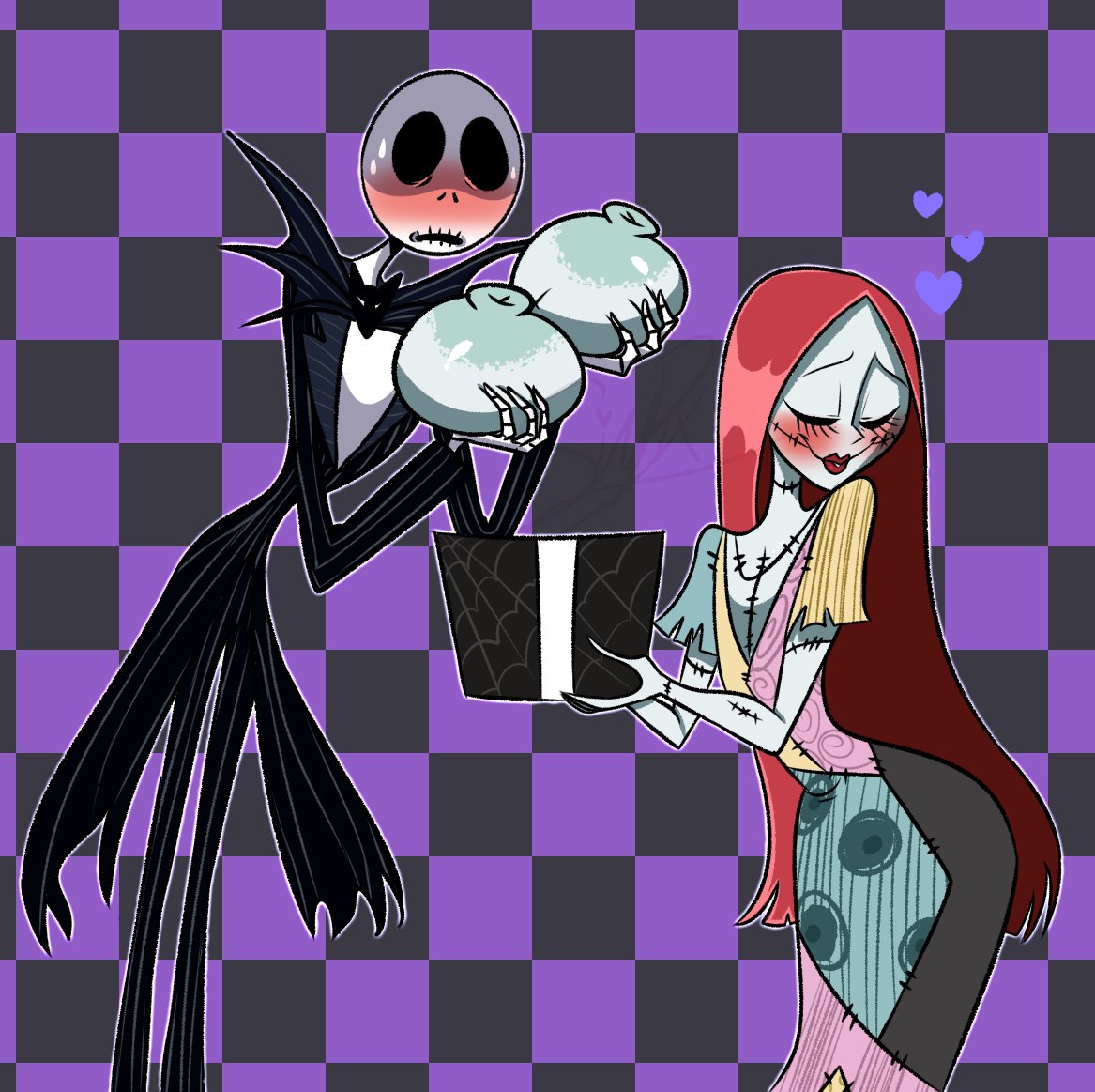 1boy 1girls big_breasts blush breasts clothed clothing disney duo embarrassed flat_chest gift jack_skellington long_hair monster monster_girl nightmare_before_christmas pixelzsinful sally_(the_nightmare_before_christmas) skeleton thin tim_burton what xd