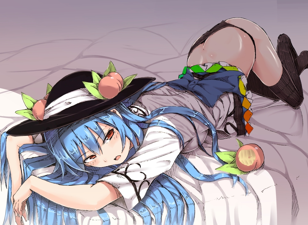 ass ass_cleavage ass_up black_panties blue_hair blush butt_crack hat long_hair looking_at_viewer neropaso no_shoes panties peach_(fruit) red_eyes skirt skirt_lift skirt_up tagme tenshi_hinanawi thighhighs top-down_bottom-up touhou