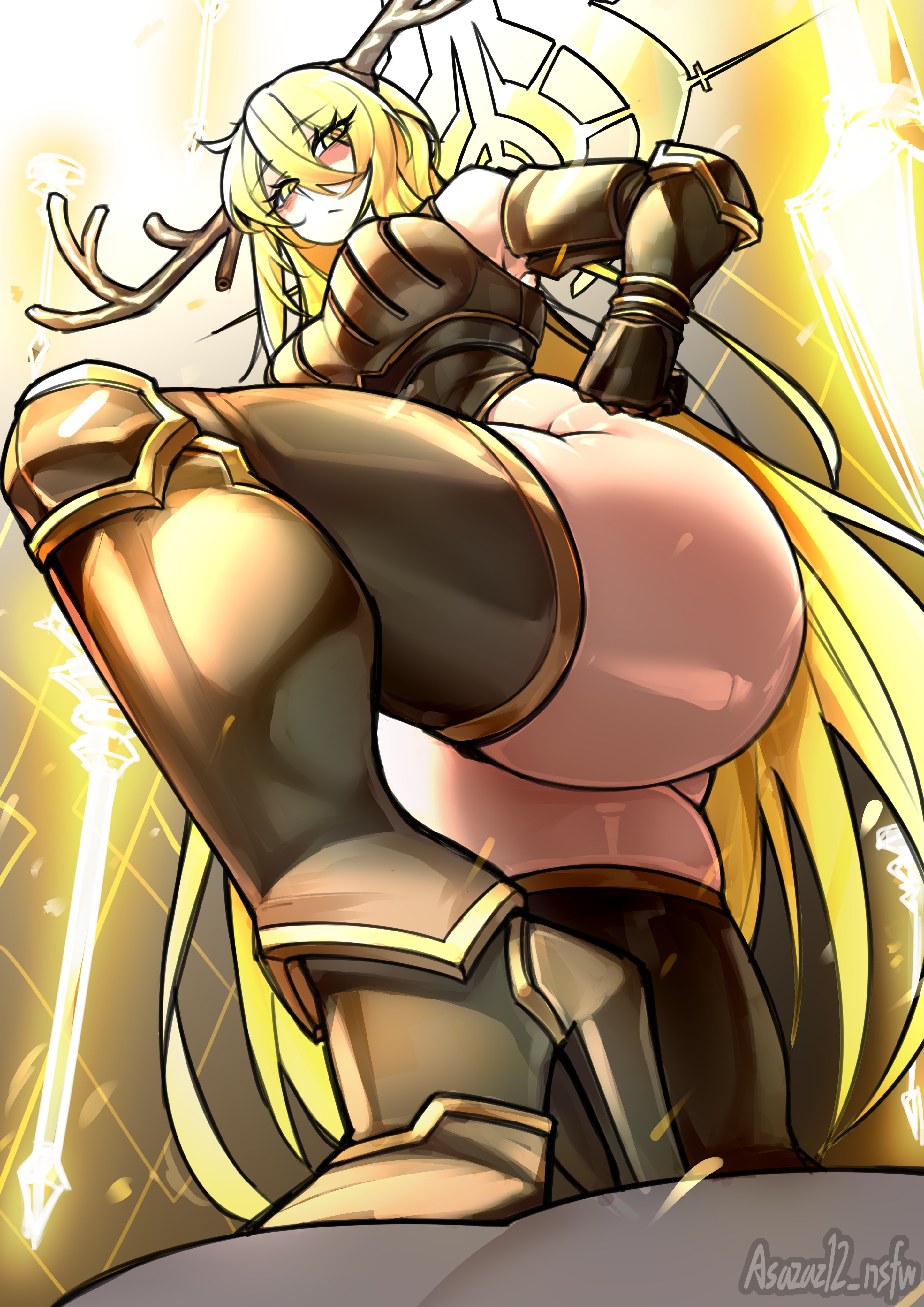1girls, asazaz12 nsfw (artist), ass, don quixote (limbus company), female knight, high heels, limbus company, massive ass, project moon, reindeer antlers, solo female, stepped on, tagme