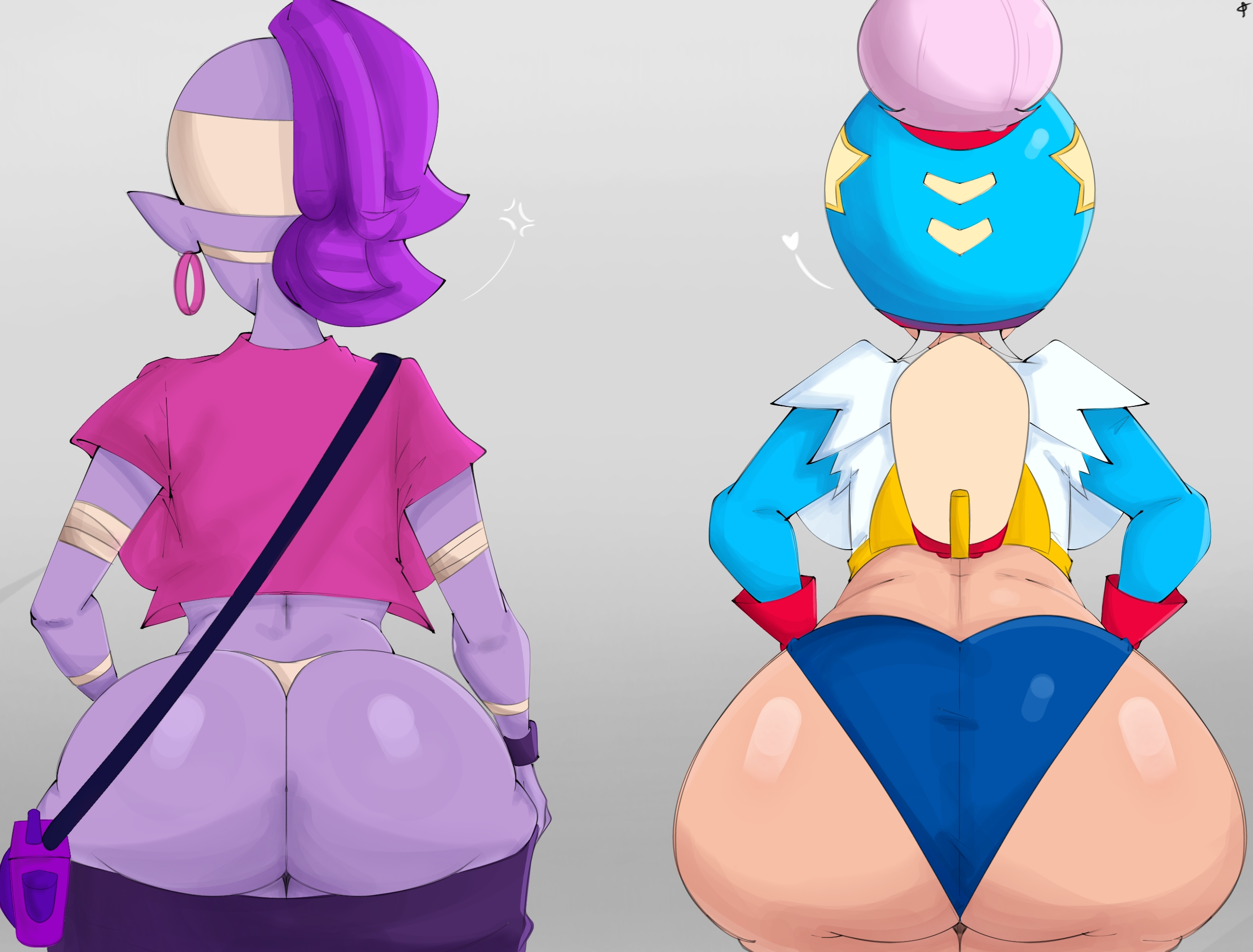 2girl, 2girls, artist name, ass, ass bigger than head, ass focus, brawl stars, butt, butt focus, digital drawing (artwork), digital media (artwork), emz (brawl stars), fan art, fanart, fanart from twitter, female focus, female only, focus, focus on ass, focus on female, girls focus, huge ass, janet (brawl stars), light-skinned female, massive ass, pink hair, purple hair, purple skin, semi nude, simple background, supercell, thick ass, thick thighs, turing890, twitter link, video game character, video games