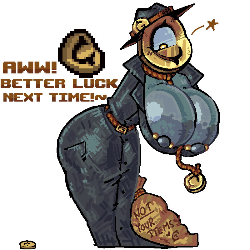 armless, cleavage, cleavage overflow, dialogue, gameplay mechanics, gijinka, gray skin, huge areolae, huge breasts, implied transformation, lyvicorp, massive breasts, nipple piercing, nipple slip, object head, scammer, the binding of isaac, trenchcoat, video games