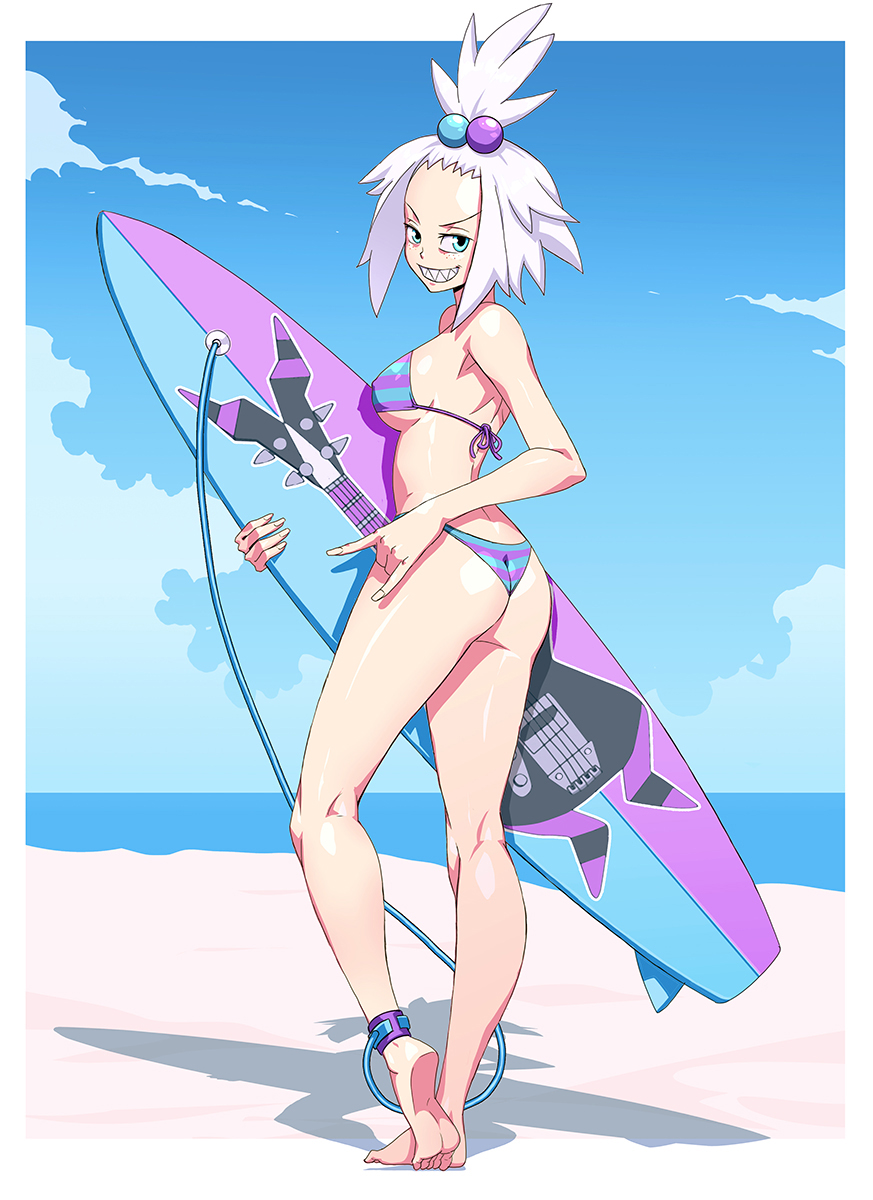 1girls ass bikini breasts eye_contact female genzoman looking_at_viewer looking_back micro_bikini nintendo pokemon pokemon_bw roxie_(pokemon) sharp_teeth sideboob solo standing thighs white_hair