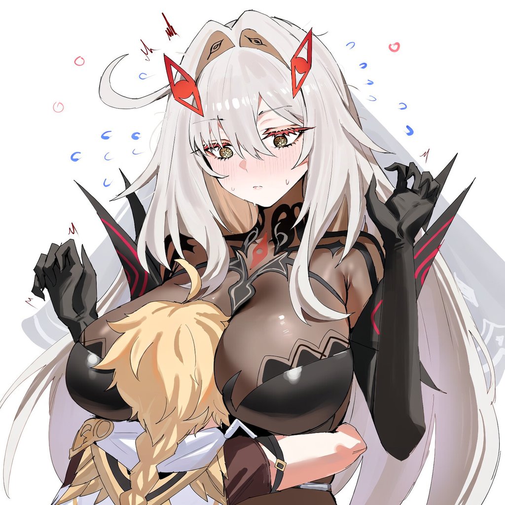 1boy, aether (genshin impact), braided hair, breasts, female, genderswap, genshin impact, head between breasts, hoyoverse, larger female smaller male, long hair, looking at partner, mihoyo, ronova (genshin impact), white hair, yellow eyes