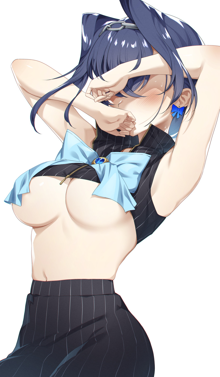 1girls, armpits, arms up, black pants, black shirt, blue gem, blush, breasts, chains, covering face, cute, dark blue hair, earrings, eyes covered, female, gem, head ornament, hololive, hololive english, hololive english -council-, hololive english -promise-, ouro kronii, ribbon, ribbon earrings, shy, striped pants, striped shirt, tattaki, underboob, virtual youtuber, zipper