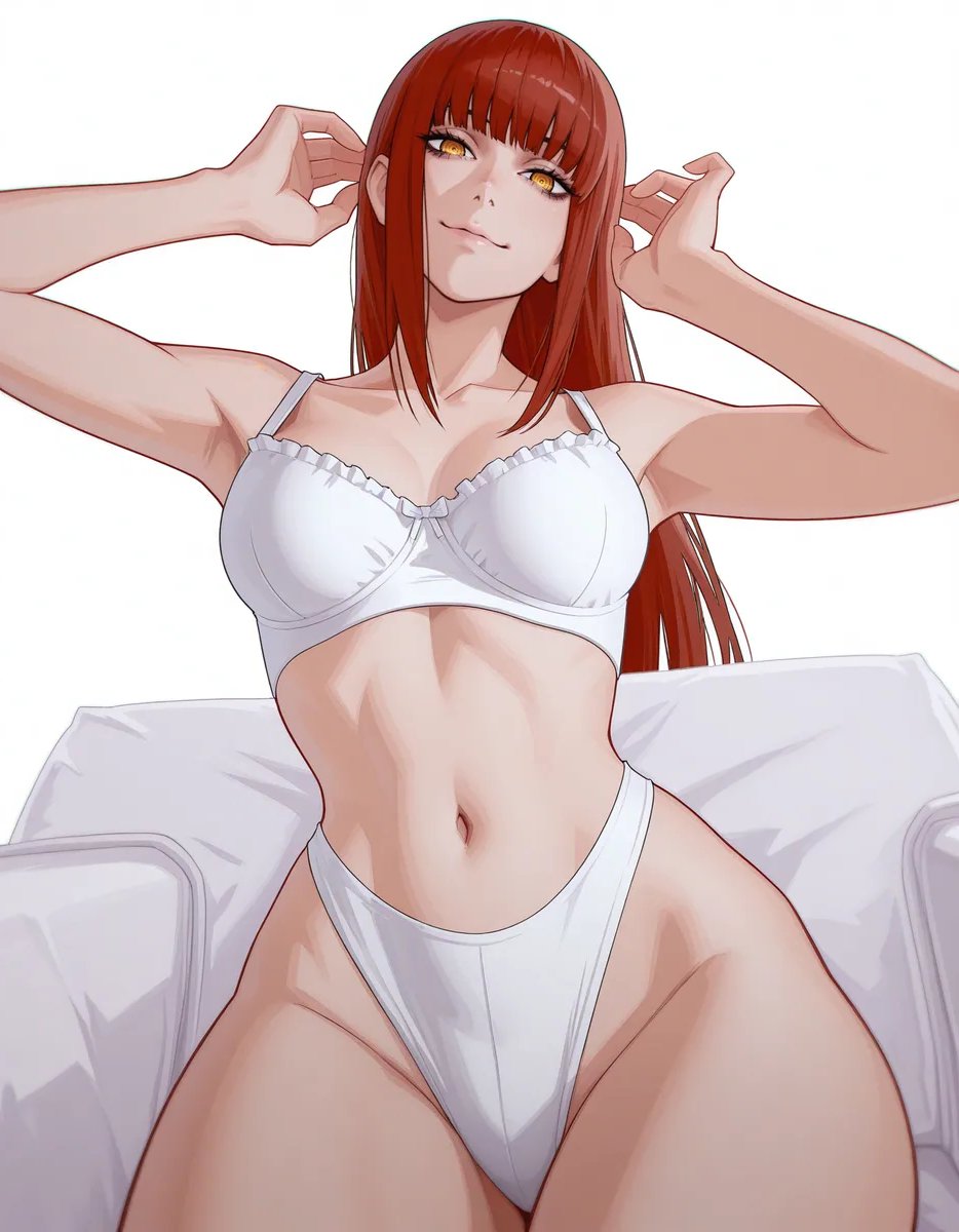 2d, anime girl, arms up, artist request, belly button, bob cut, chainsaw man, child bearing hips, devil, exposed midriff, glowing eyes, hourglass figure, hourglass figured female, lingerie, lingerie only, long hair, makima (chainsaw man), medium breasts, playing with hair, posing, posing for the viewer, pov, pov eye contact, red hair, redhead, redhead female, slim waist, teasing, teasing viewer, thick ass, thick hips, thick thighs, underwear, underwear only, white background, white lingerie, wide hips