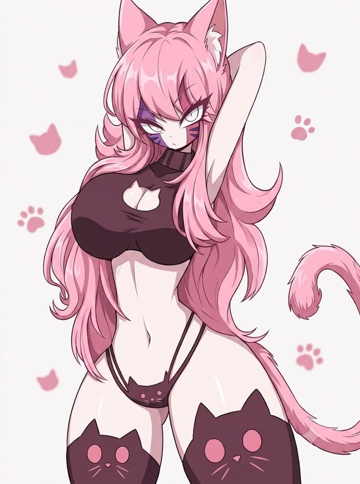 1girl, 1girls, armpits, arms up, belly, belly button, big breasts, breasts, cat ears, cat girl, cat tail, cat thighhighs, catgirl, curvy, curvy body, curvy female, curvy figure, cute, cute female, cute girl, female, female focus, female only, fingerprint, fingerprints, friday night funkin, friday night funkin mod, long hair, mid fight masses, pink hair, sarvente (dokki.doodlez), sexy, sexy body, sexy pose, tall female, taller female, thighhighs
