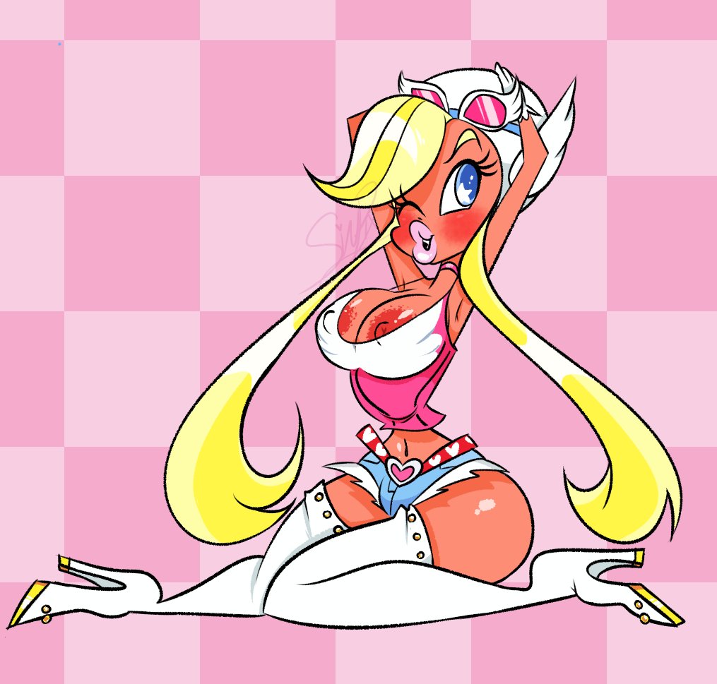 big_breasts blonde_hair cleavage clothed clothing gyaru high_heel_boots hourglass_figure mach_girl nipple_slip one_eye_closed pixelzsinful speed_racer_(mach_go_go_go) twintails