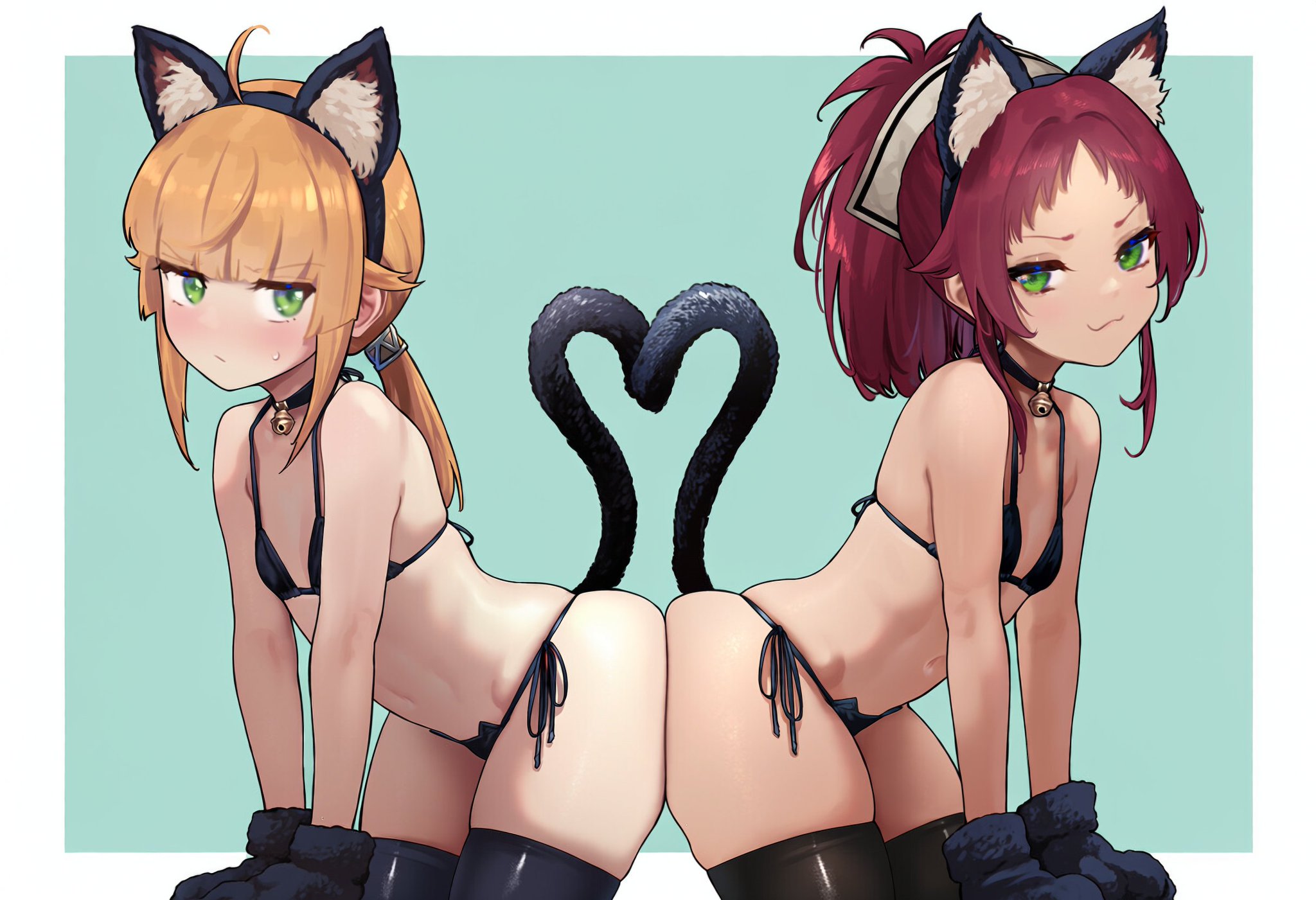 2d, 2female, 2girls, aisha greyrat, artist request, bending over, bikini, black bikini, blonde hair, brat, cat ears, cat girl, cat tail, catgirl, cute, cute face, flustered, green eyes, heart, heart symbol, hips, looking at viewer, mushoku tensei, mushoku tensei: isekai ittara honki dasu, norn greyrat, red hair, small ass, small breasts, small tits, small waist, thigh highs, thighhighs