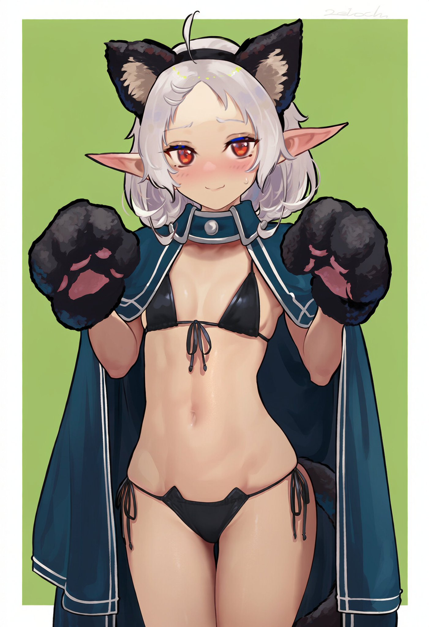 1girls, artist request, bikini, black bikini, blush, breasts, cape, cat ears, cat girl, cat paws, cat tail, catgirl, curvy hips, curvy teen, cute, cute face, ear blush, elf, elf ears, elf female, elf girl, female, female focus, female only, hips, looking at viewer, mushoku tensei, mushoku tensei: isekai ittara honki dasu, navel, pointy ears, red eyes, skindentation, small breasts, smile, solo, solo female, sweat, sylphiette (mushoku tensei), teenage female, teenage girl, teenager, thick thighs, thighs, white hair