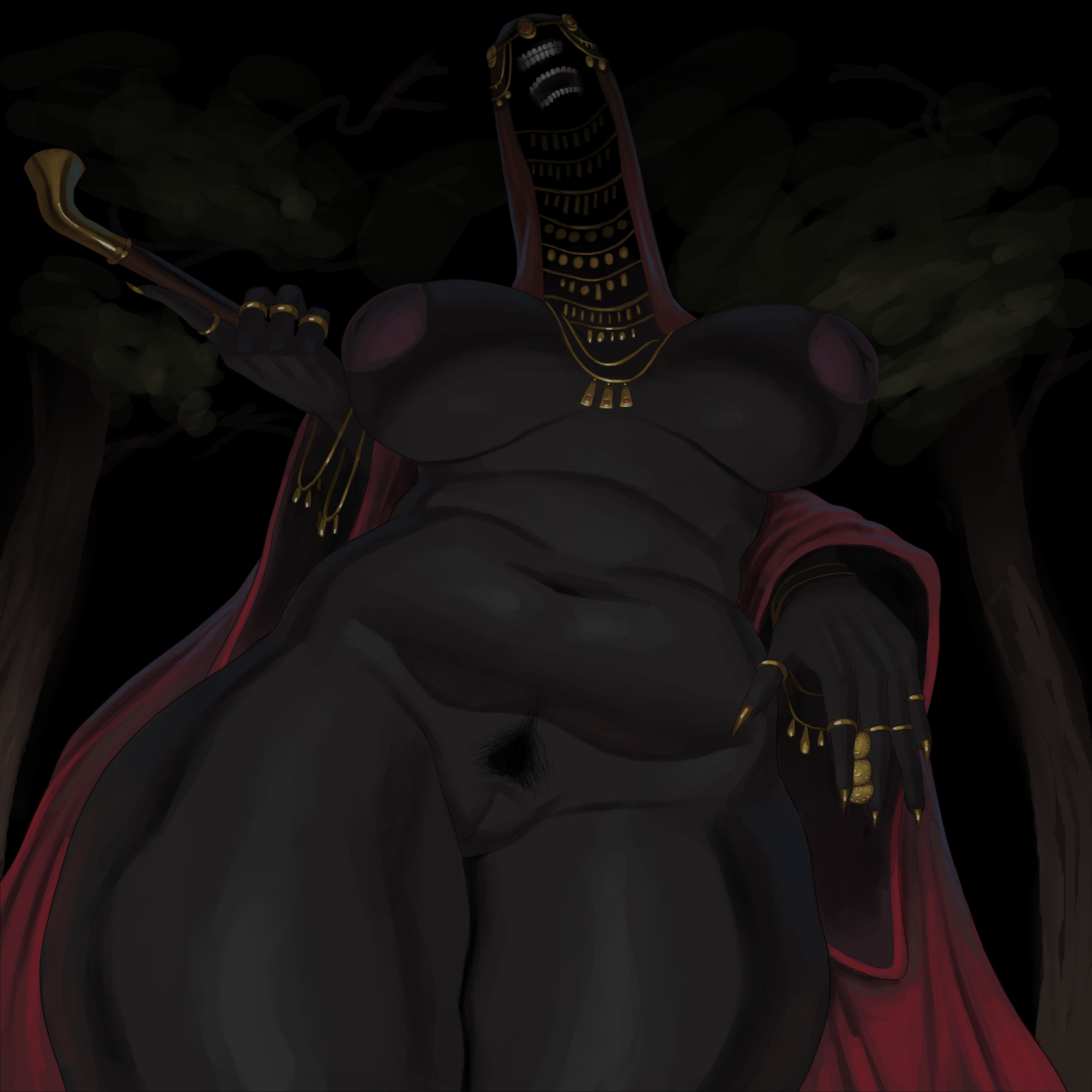 1girl, 1girls, 2d, 2d (artwork), areola, areolae, belly, big breasts, breasts, curvaceous, curvaceous figure, curvy, curvy body, curvy female, curvy figure, dark skin, dark-skinned female, fat pussy, female, female focus, female only, from below, gold jewelry, gold nails, gold ring, gold rings, goldcrustedchicken, hi res, high quality, high resolution, highres, hips, hood, hood up, humanoid, inverted nipples, jewelry, large breasts, low-angle view, monster, monster girl, nails, naked, naked female, necklace, nightmare waifu, nude, nude female, open robe, partially clothed, partially clothed female, pubic hair, pussy, red hood, red robe, ring, rings, robe, sharp nails, simple background, smoking pipe, solo, solo female, solo focus, thick thighs, thighs, voluptuous, voluptuous body, voluptuous female, wide hips