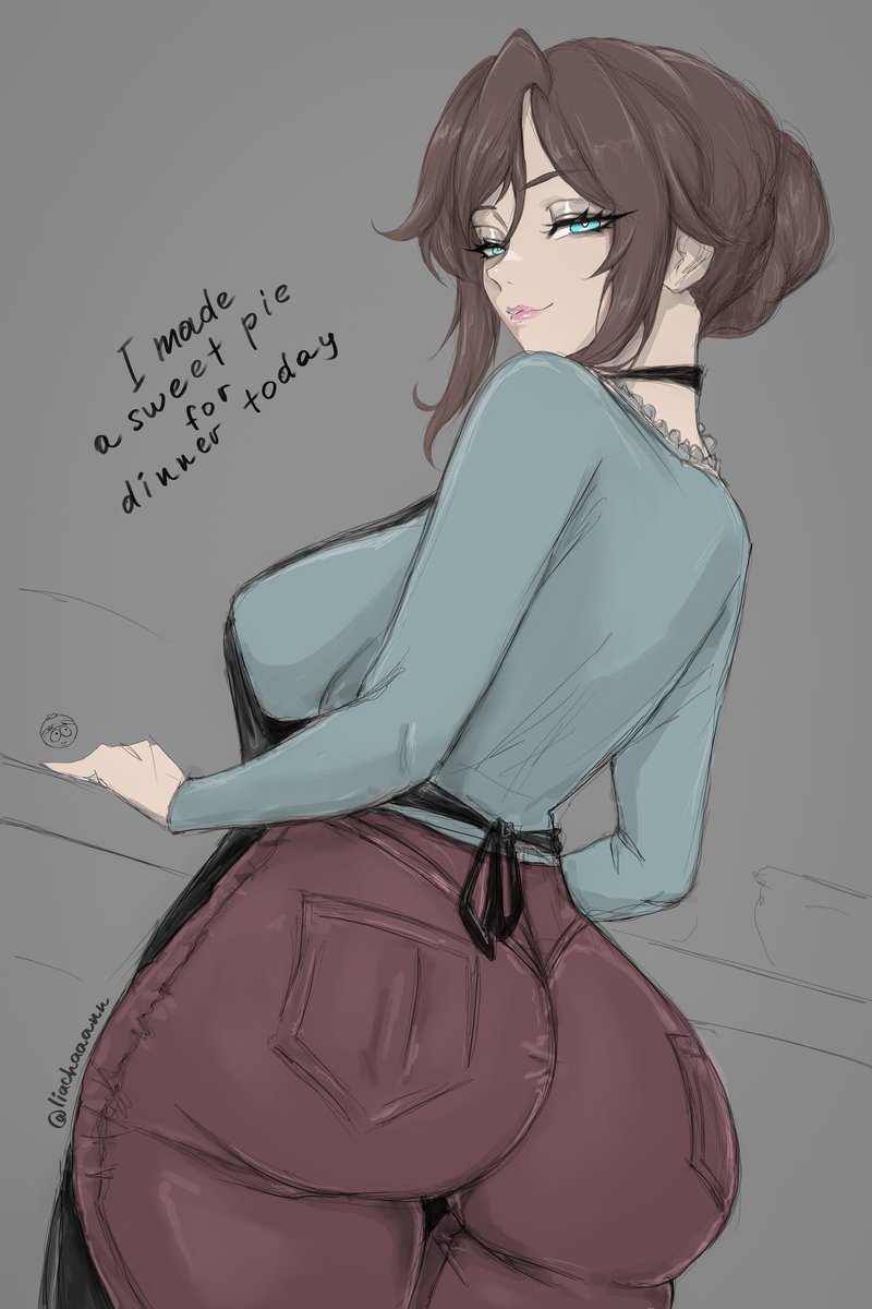 1female, 1girl, 1girls, 1milf, 1woman, 2d, 2d (artwork), 2d artwork, anime style, apron, ass, big ass, blue eyes, blue shirt, boobs, breasts, comedy central, fanart from twitter, female, female focus, female only, female solo, liane cartman, lipstick, looking at viewer, looking back at viewer, milf, pink lipstick, red pants, solo female, solo woman, south park, text, thick ass, tits, titties, watermark, woman, woman focus, woman only, woman solo