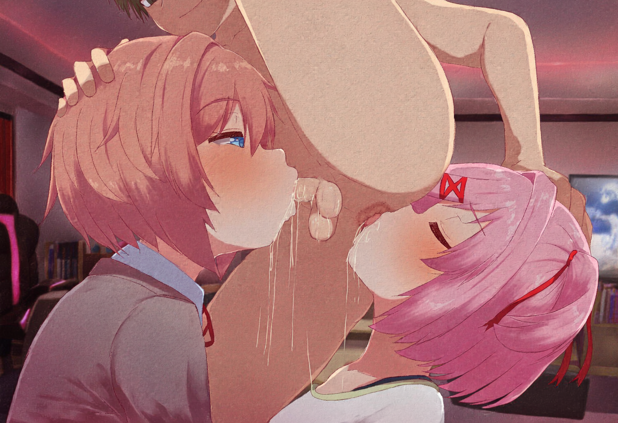 :>=, 1boy, 2girls, ai generated, blowjob, blowjob face, blowjob focus, blowjob only, closed eyes, clothing, deep blowjob, deep throat, deepthroat, doki doki literature club, excessive saliva, expressionless, face fuck, face fucking, facefuck, fellatio, gaming, gaming chair, grabbing head, half-closed eyes, hands on head, highschool, holding head, indoors, irrumatio, kneeling, licking anus, licking ass, living room, looking down, natsuki (doki doki literature club), oral, oral penetration, oral sex, pleasure face, pleasured, relaxing, rimjob, rimming, saliva, saliva drip, saliva on anus, saliva on face, saliva on penis, saliva on tongue, saliva string, saliva trail, sayori (doki doki literature club), self upload, side view, smile, smug, smug face, standing, student, sucking, sucking penis, threesome, tongue, tongue out, used as an object
