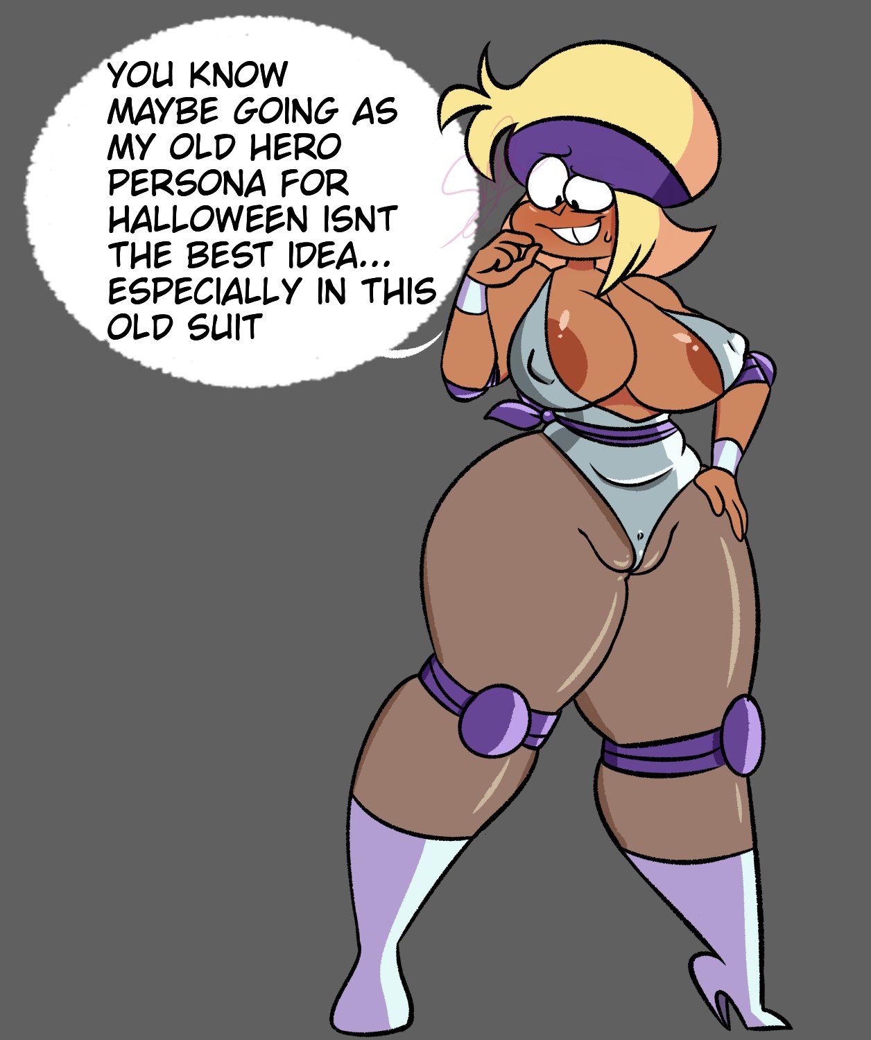 1girls, areola slip, areolae, big breasts, blonde hair, blush, breasts, cameltoe, carol (ok k.o.! let's be heroes), carol kincaid, cleavage, dark nipples, dark skin, dark-skinned female, english text, erect nipples, erect nipples under clothes, female, high heel boots, huge breasts, mature female, milf, mother, nipples, ok k.o.! let's be heroes, pixelzsinful, pussy, speech bubble, sweatdrop, text, thick thighs, wide hips