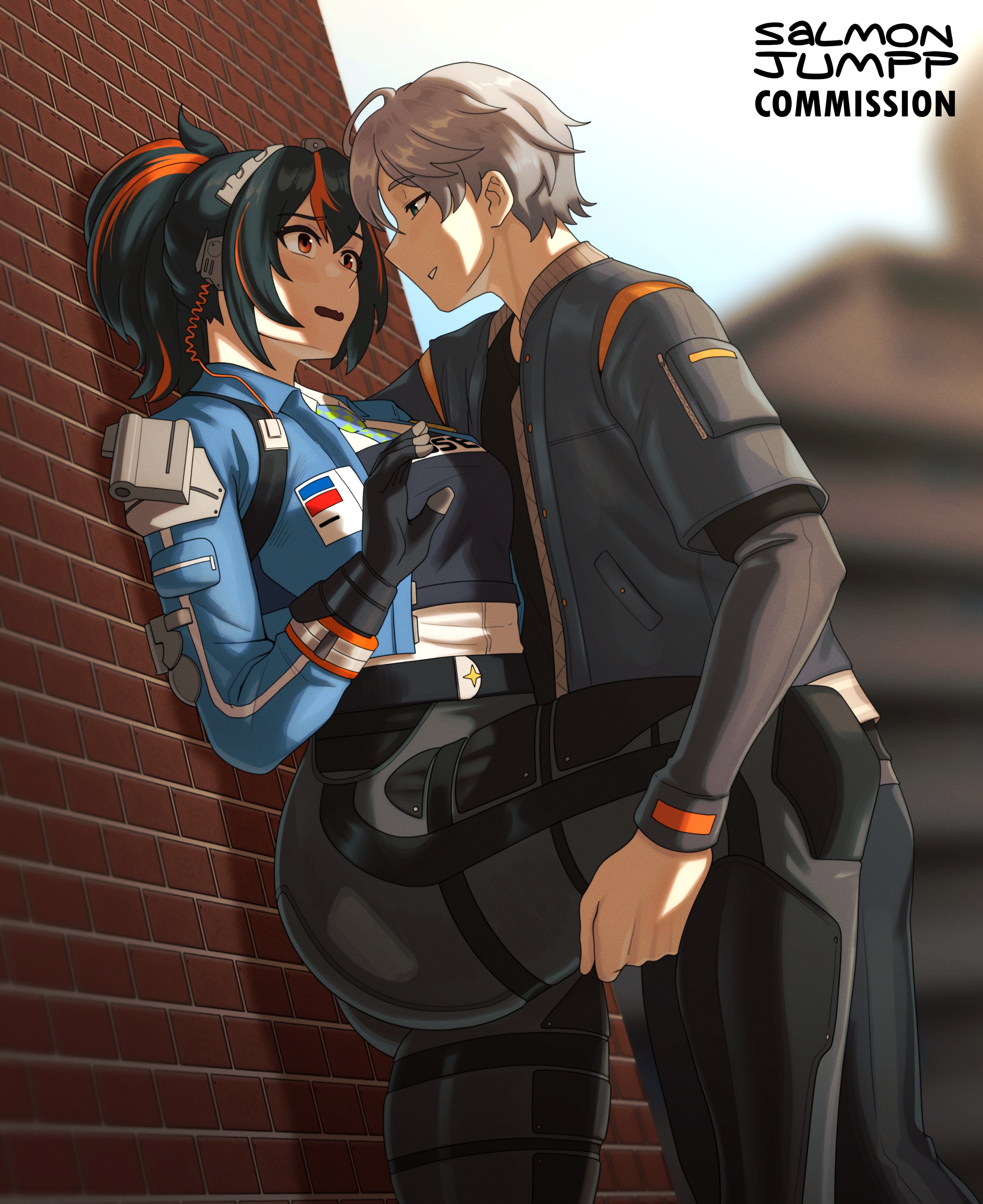 against wall, black hair, cute, cute expression, cute face, cute female, cute girl, embarrassed, gloves, grabbing leg, grabbing thigh, hoyoverse, large ass, large breasts, large thighs, leg up, mihoyo, open jacket, policewoman, ponytail, red hair, safe for work, salmonjumpp, sfw, shy, shy expression, shy female, tagme, tall female, thick ass, thick thighs, tied hair, two-tone hair, video game character, wise (zenless zone zero), zenless zone zero, zhu yuan, zzz