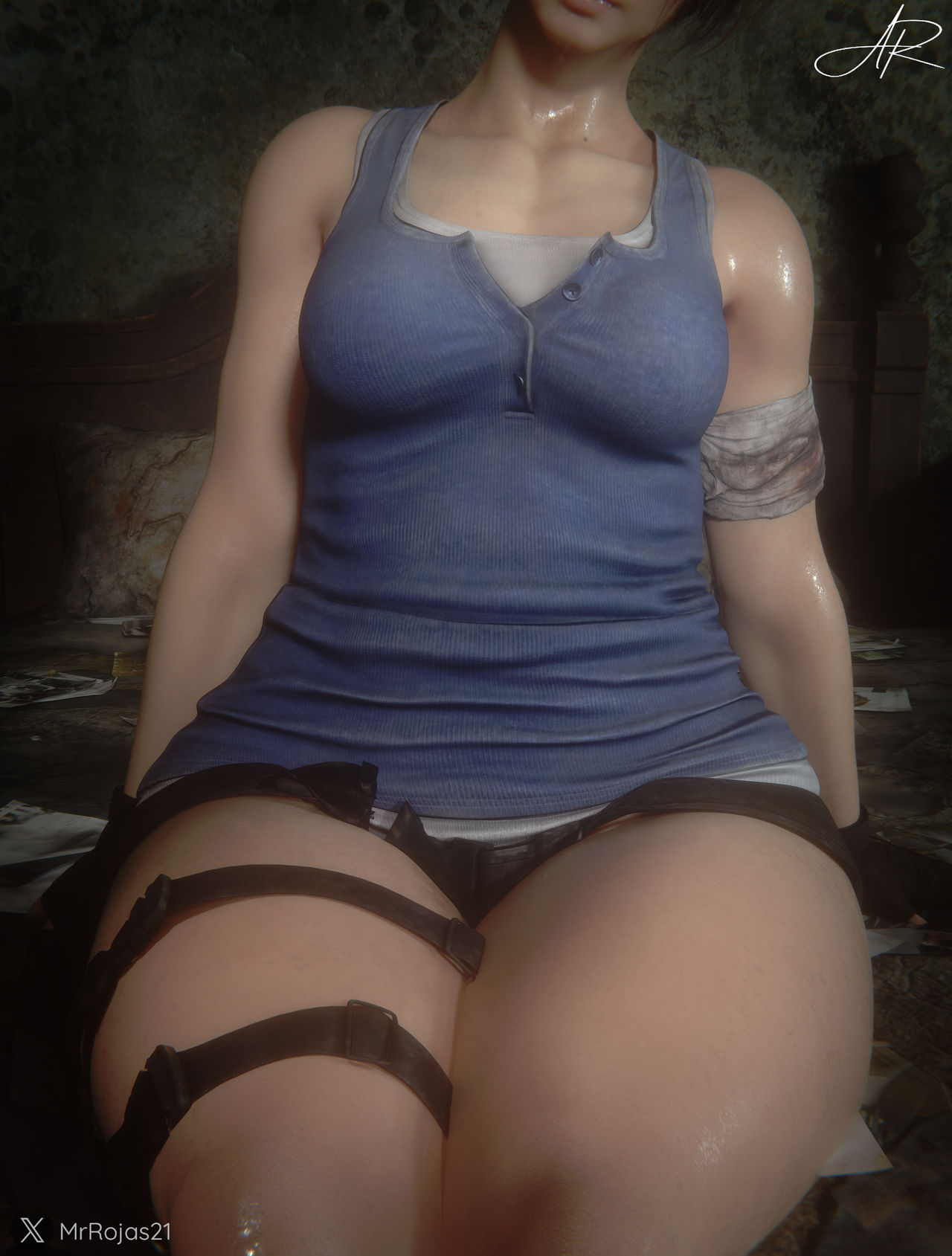 1girl, 3d, 3d (artwork), bed, bedroom, biohazard, blender, body, breasts, capcom, female, female only, human, human only, jill valentine, jill valentine (sasha zotova), juicy thighs, light skin, light-skinned female, mrrojas21, resident evil, resident evil 3, resident evil 3 remake, short hair, sitting, sitting on bed, solo, solo female, solo focus, t-shirt, thighs, thighs focus, voluptuous, voluptuous female, wet, wet body, wet skin