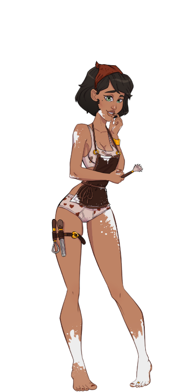 1girls 2020 apron barefoot biting_finger black_hair character_sheet clothed_female dark-skinned_female female_focus female_only giselle_(kink_inc.) heart_markings kink_inc. looking_at_viewer model_sheet no_shoes nutaku painted_nails pink_bra pink_briefs powder red_scarf scarf_on_head short_hair solo_female solo_focus tender_troupe transparent_background white_powder wood_chipper