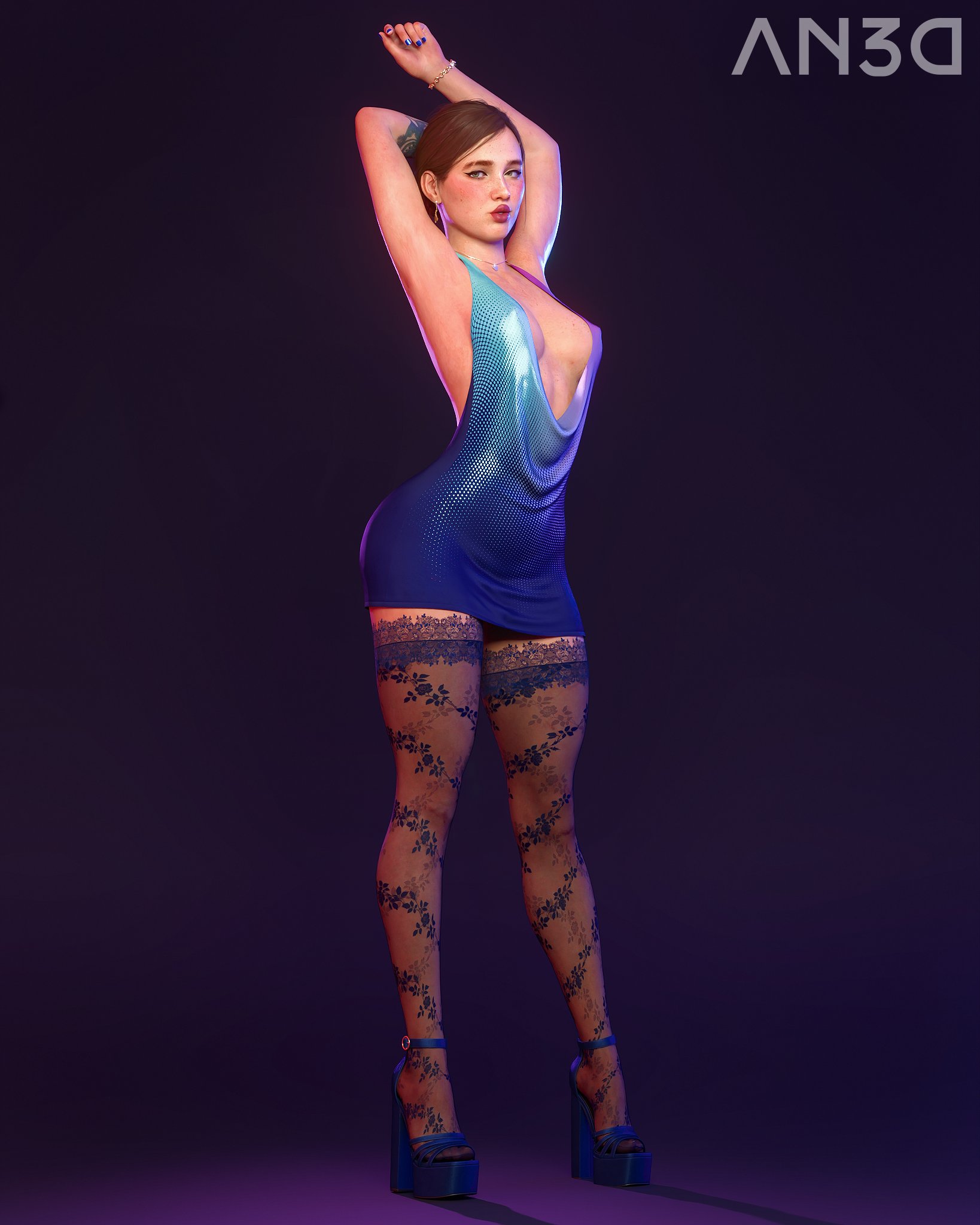 3d, armpits, arms up, arseny3d, athletic, athletic male, busty, cleavage, ellie (the last of us), ellie williams, female, female focus, female only, hourglass figure, makeup, standing, tagme, tattoo, the last of us, the last of us 2, wide hips