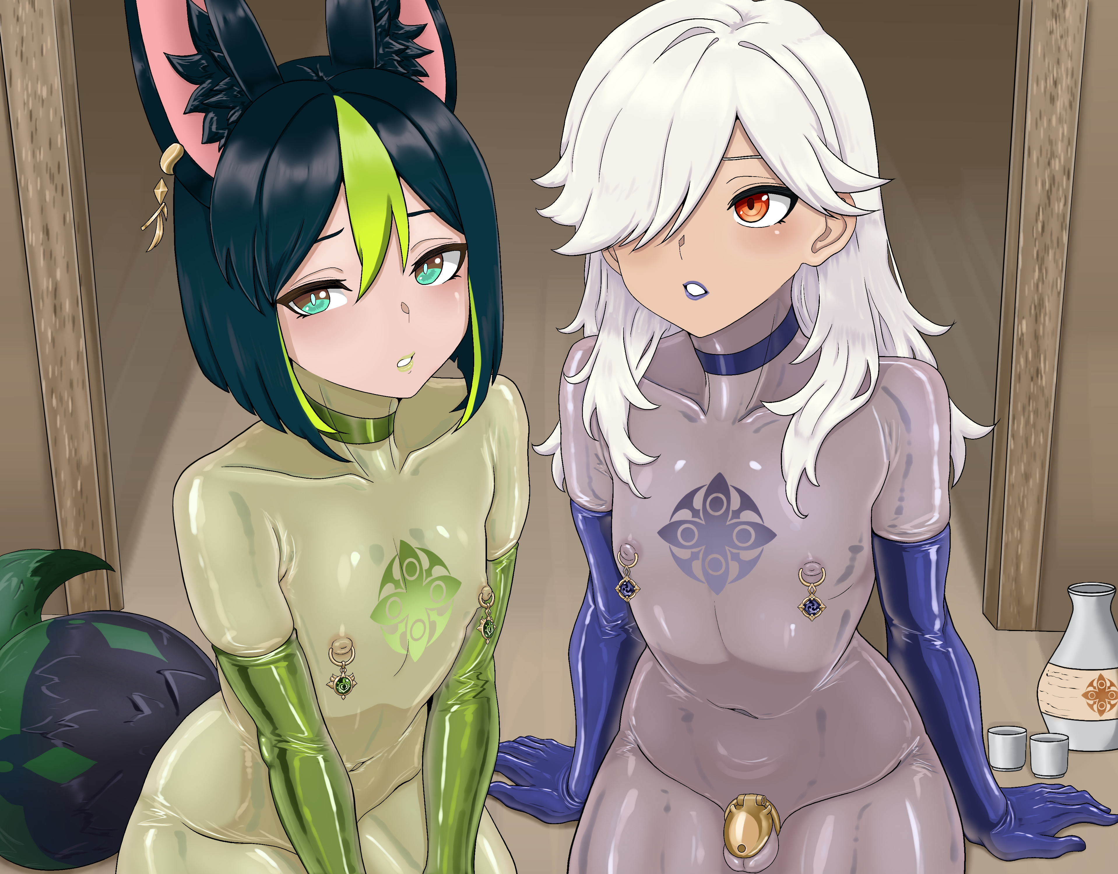 05try2999, 2026, 2boys, 2d, animal ears, blue choker, blue latex, bodysuit, chastity-cage, choker, cups, cyno (genshin impact), dark-skinned male, elbow gloves, femboy, genshin impact, green choker, green eyes, green hair, green latex, jackal ears, jug, latex, latex bodysuit, lipstick, metal chastity cage, orange eyes, pierced nipples, piercing, sitting, tagme, tighnari (genshin impact), two-tone hair, white hair