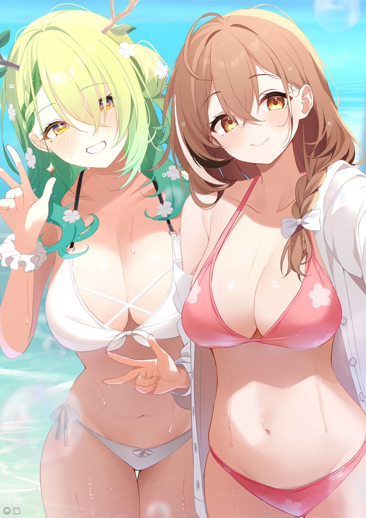 2girls, ahoge, alternate hairstyle, antlers, asymmetrical bangs, bare shoulders, belly button, bikini, black hair, blue sky, bow, braid, braided bangs, braided ponytail, breasts, brown eyes, brown hair, ceres fauna, cleavage, closed mouth, commentary, crossed bangs, day, deyui, double-parted bangs, english commentary, female, flower, front-tie bikini top, front-tie top, gradient hair, green hair, grin, hair between eyes, hair bow, hair flower, hair ornament, hair over one eye, hair over shoulder, hair rings, halterneck, hand up, high resolution, highres, hololive, hololive english, horns, large breasts, long bangs, long hair, looking at viewer, low ponytail, mole, mole under eye, multicolored hair, multiple girls, nanashi mumei, navel, one side up, open clothes, open shirt, outdoors, paid reward available, pink bikini, ponytail, reaching, reaching towards viewer, selfie, shirt, side-tie bikini bottom, single hair ring, single off shoulder, sky, smile, stomach, streaked hair, string bikini, swimsuit, thigh gap, thighs, unbuttoned, virtual youtuber, w, white bikini, white bow, white hair, white shirt, yellow eyes