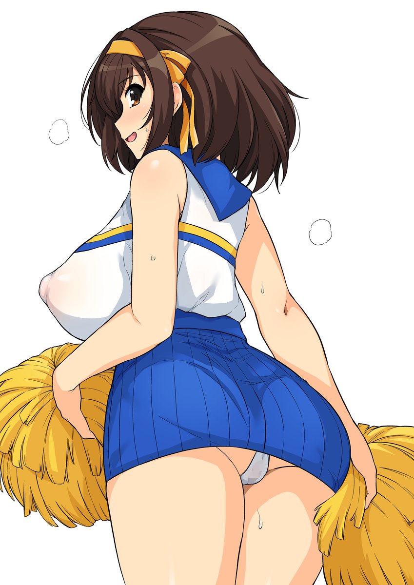 1girls, ass, black hair, breasts, cheerleader, clothing, covered nipples, erect nipples, erect nipples under clothes, female, female focus, female only, haruhisky, large breasts, panties, pom poms, skirt, solo, suzumiya haruhi, suzumiya haruhi no yuuutsu, tagme, upskirt, white panties