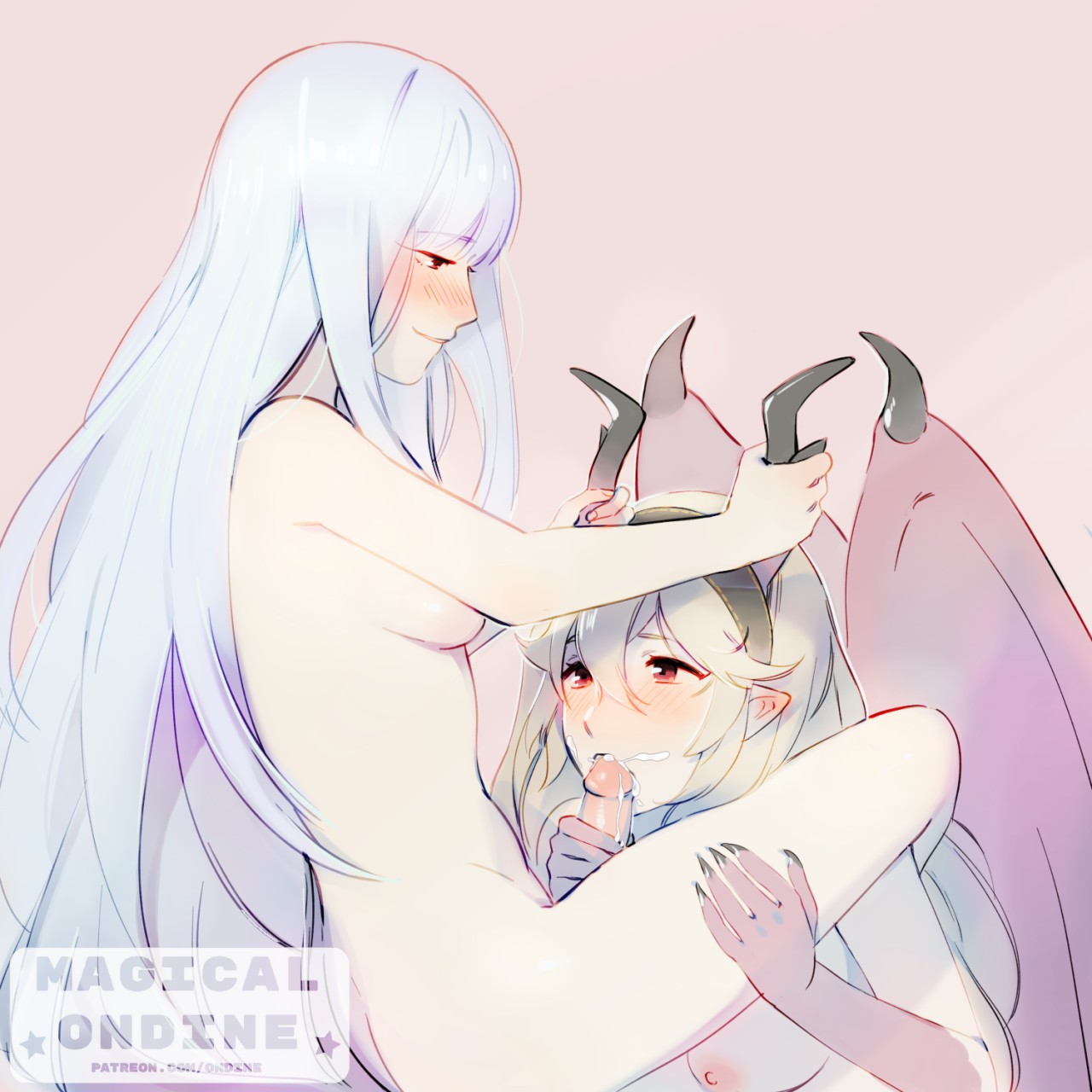 1futa, areolae, blue hair, blush, breasts, corrin (fire emblem), corrin (fire emblem) (female), cum, cum in mouth, cum inside, dragon, fellatio, female, fire emblem, fire emblem fates, fire emblem: the blazing blade, full-package futa, futa on female, futanari, holding head, horn grab, horns, human, humanoid, intersex, light skin, light-skinned female, light-skinned futa, magical ondine, ninian (fire emblem), nintendo, nipples, nude, oral, oral sex, pale skin, penis, roarke (lavenderincubus), sex, trans woman, transfem