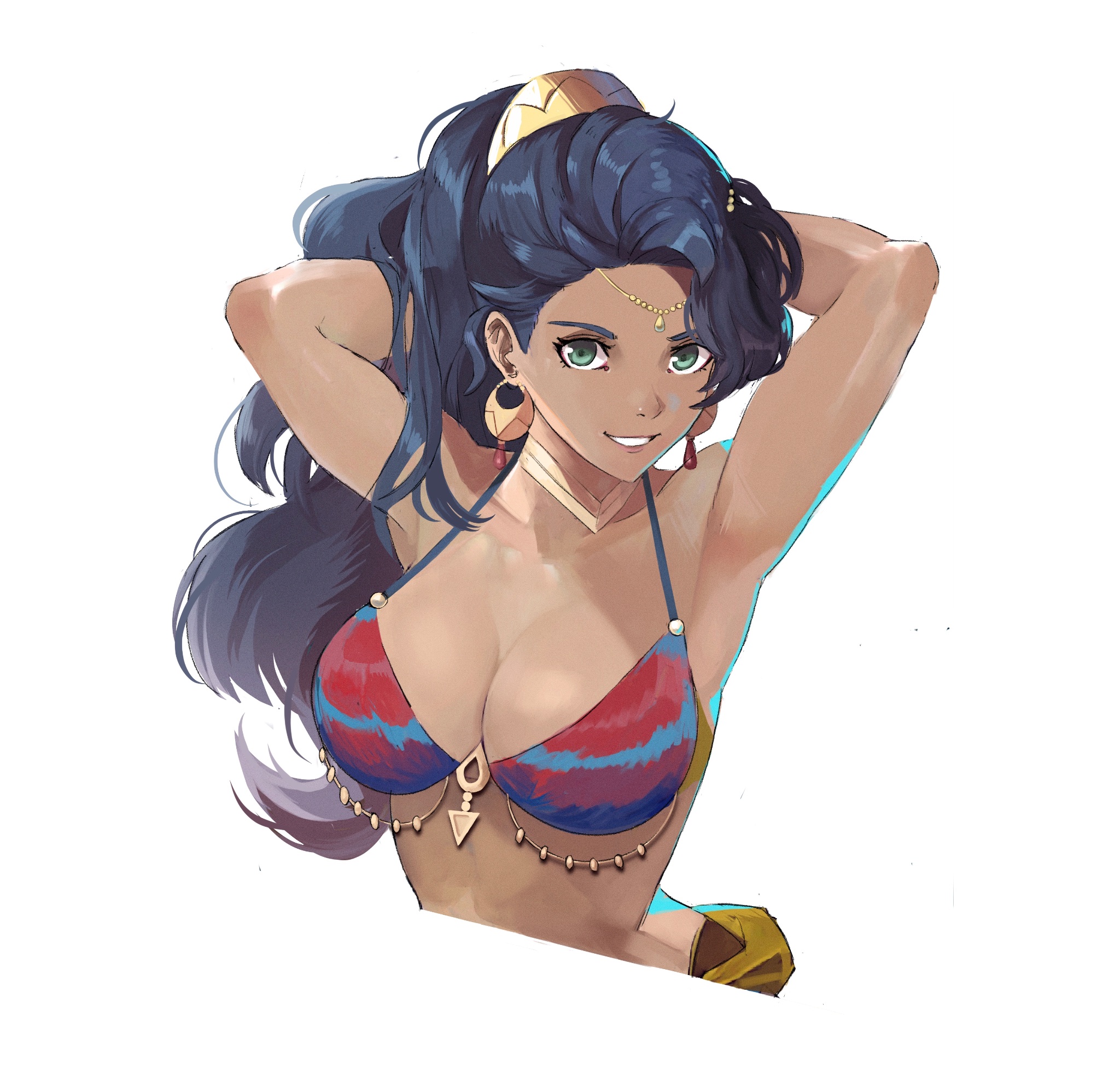 1girl, breasts, dark skin, dark-skinned female, fire emblem, fire emblem: fortune's weave, jewelry, leda (fire emblem), rod langhi, smile, solo, upper body