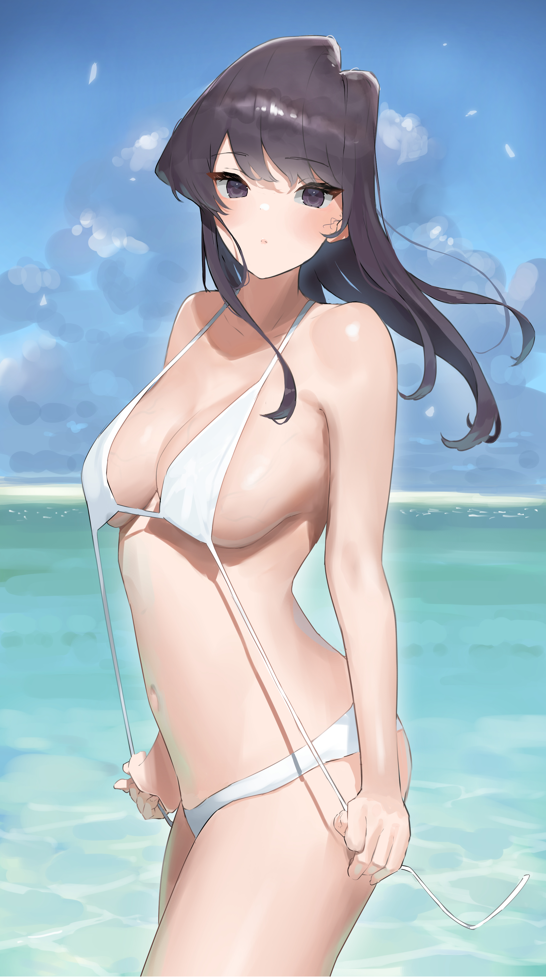 1girls, big breasts, bikini, breasts, eye contact, female, komi shouko, komi-san wa komyushou desu, long hair, looking at viewer, solo, standing, takita, thick thighs, thighs