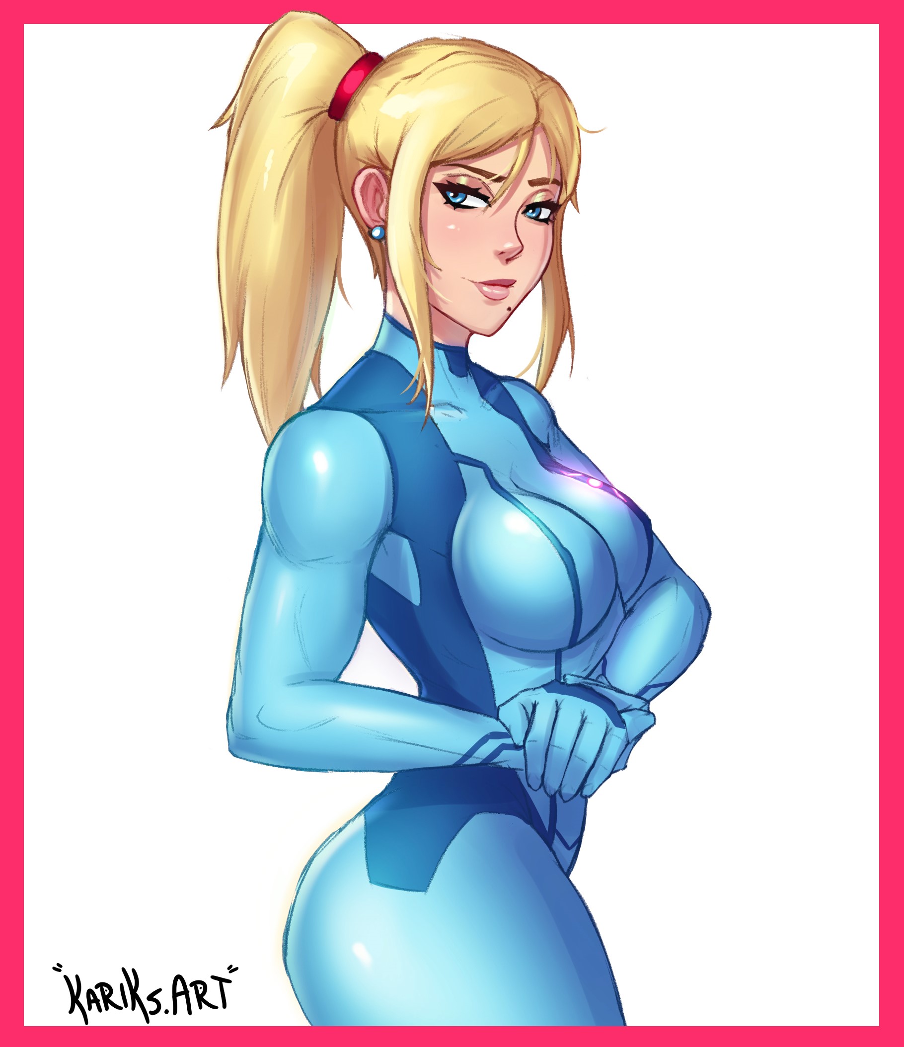 ass, beauty mark, blonde hair, breasts, female, female focus, female only, fit, fit female, kariksart, light skin, light-skinned female, metroid, mole under mouth, nintendo, presenting hindquarters, samus aran, side view, sideboob, solo, solo female, thighs, toned, toned female, voluptuous
