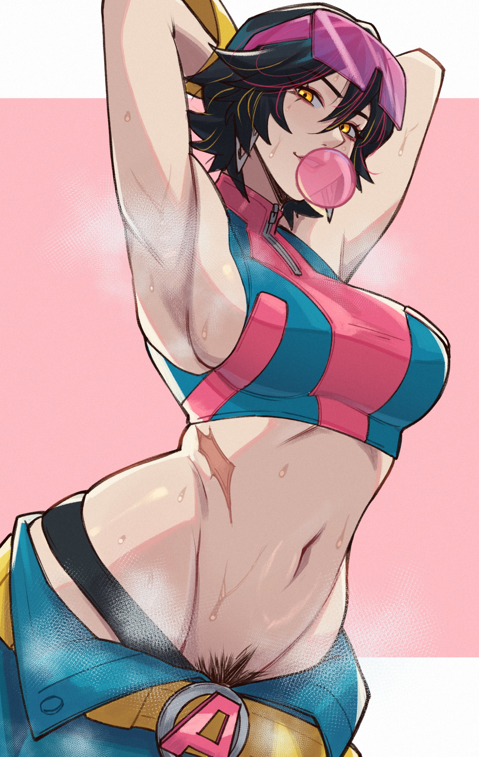 1girls, 2026, 2d, 2d (artwork), abdomen, abs, adapted costume, armpits, axiyo, barely clothed, belt, belt buckle, big breasts, black hair, blowing bubble gum, breasts, buckle, chewing gum, cleavage, clothing, coat, convenient censoring, eyewear on head, female, female only, full body, high heels, jacket, jubilation lee, jubilee, jubilee (marvel rivals), large breasts, light skin, light-skinned female, looking at viewer, marvel, marvel comics, marvel rivals, midriff, multiple views, mutant (marvel), navel, no panties, no pants, opaque sunglasses, pink-tinted eyewear, pubic hair, revealing clothes, sandals, short hair, solo, tinted eyewear, video games, yellow coat, yellow jacket