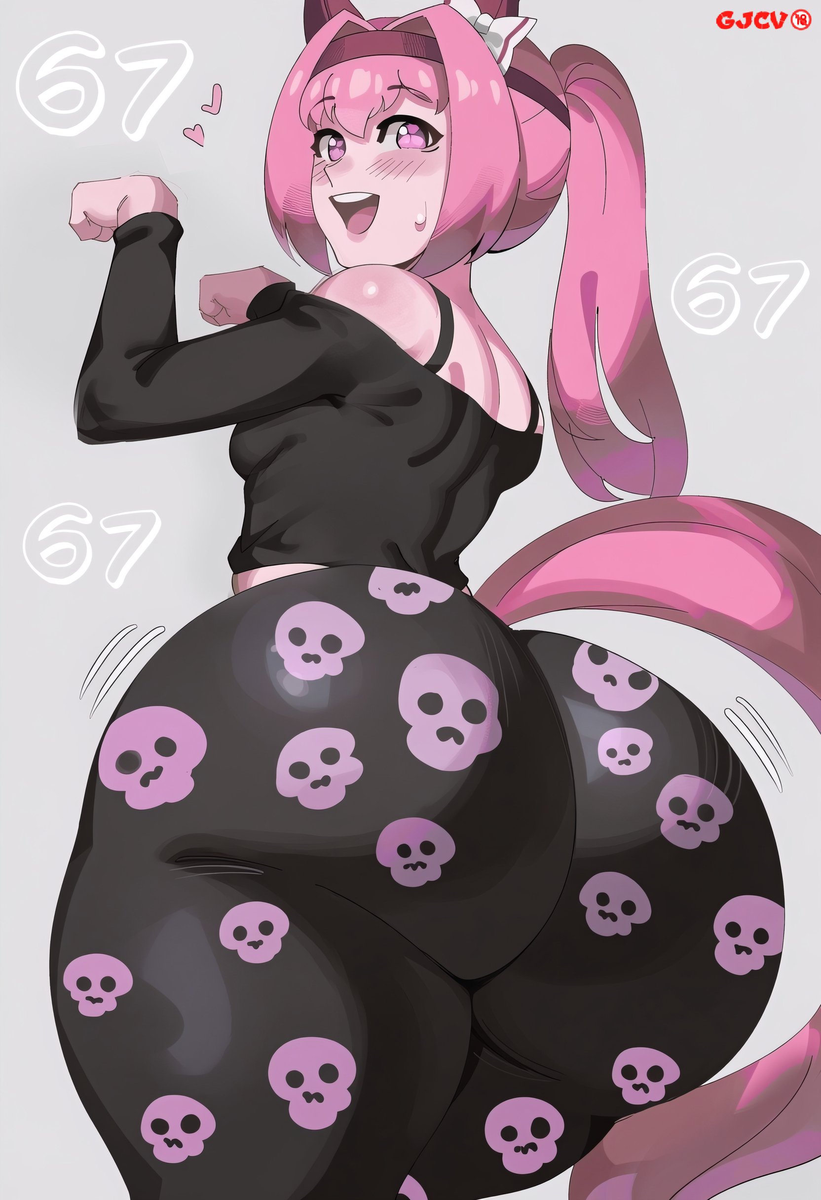 ass, bubble butt, fat ass, female, female only, gjcv, haru urara (umamusume), horse ears, horse tail, huge ass, long hair, looking at viewer, looking back, pajamas, pink eyes, pink hair, plump ass, ponytail, smile, thick ass, umamusume, umamusume pretty derby