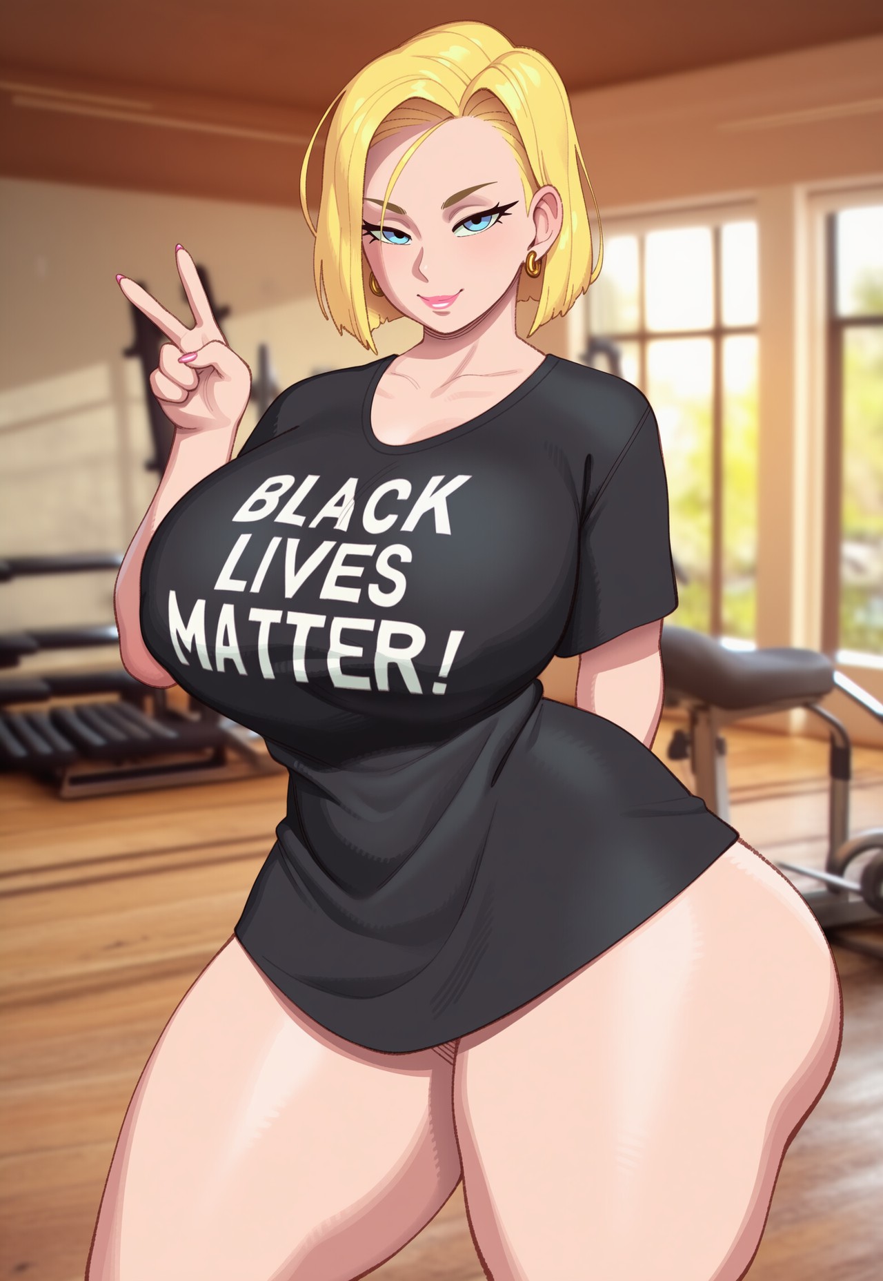 ai generated, android 18, blacked, blm, blonde, blonde female, blonde hair, blue eyes, curvaceous, curvy, curvy figure, dragon ball, dragon ball super, dragon ball z, gym background, hourglass body, hourglass figure, hourglass figured female, juuicyai, looking at viewer, peace sign, selfie, selfie pose, shirt only, short hair, thick, thick ass, thick legs, thick thighs, v sign, voluptuous, voluptuous female, wide hips, wide thighs
