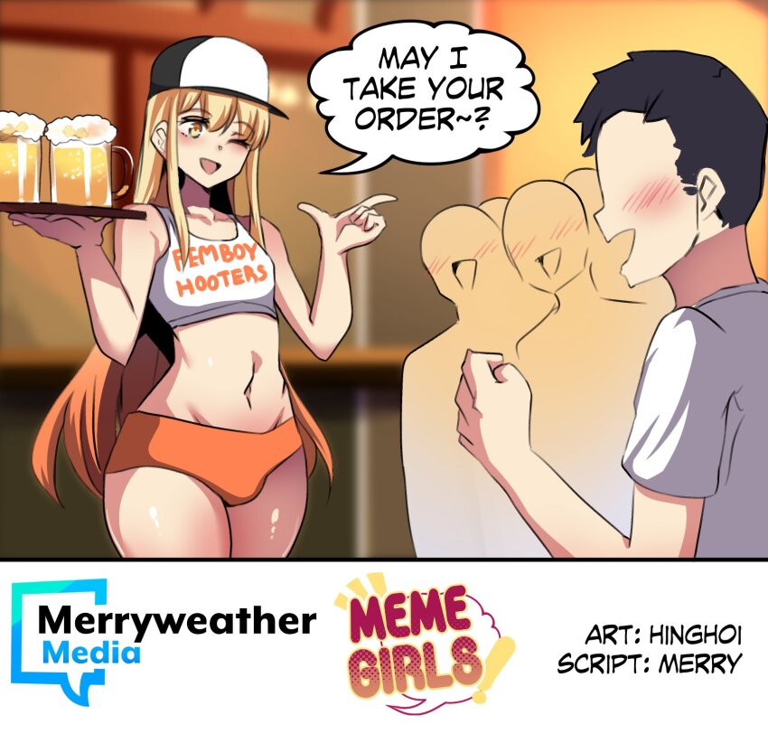 1femboy, 2boys, alcohol, artist name, baseball cap, beer, beer mug, black hair, blonde hair, blush, cup, drink, femboy, femboy hooters (meme), hat, highres, hinghoi, holding, holding tray, hooters, long hair, male focus, meme, merryweather, mug, multiple boys, navel, one eye closed, open mouth, orange shorts, shorts, tank top, thighhighs, trap, tray, white tank top, white thighhighs, yellow eyes