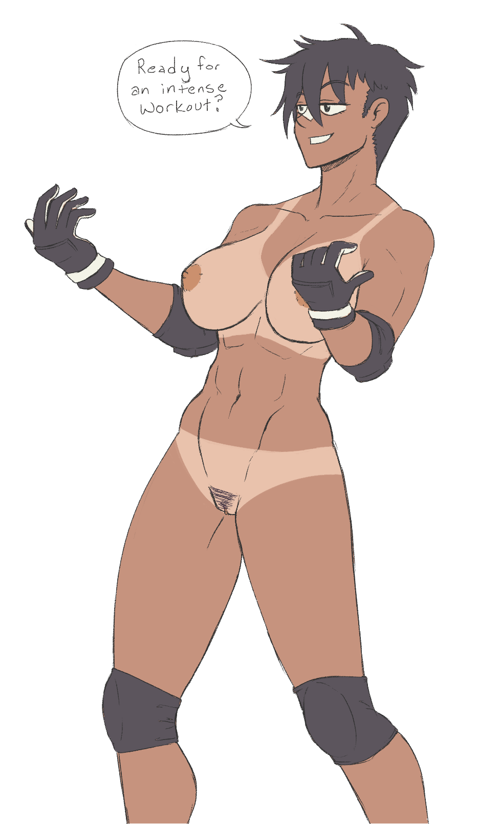 1girls abs areolae armwear bandage bandage_on_face bandage_on_nose black_gloves casual dark-skinned_female dark_skin dialogue elbow_pads english_text exposed_torso female gloves handwear human knee_pads kunio-kun legwear mindwipe muscular muscular_female nude nude_female pubic_hair river_city_girls short_hair solo solo_female speech_bubble talking_to_offscreen tanline text tomboy toned white_background yoko_(river_city_girls)