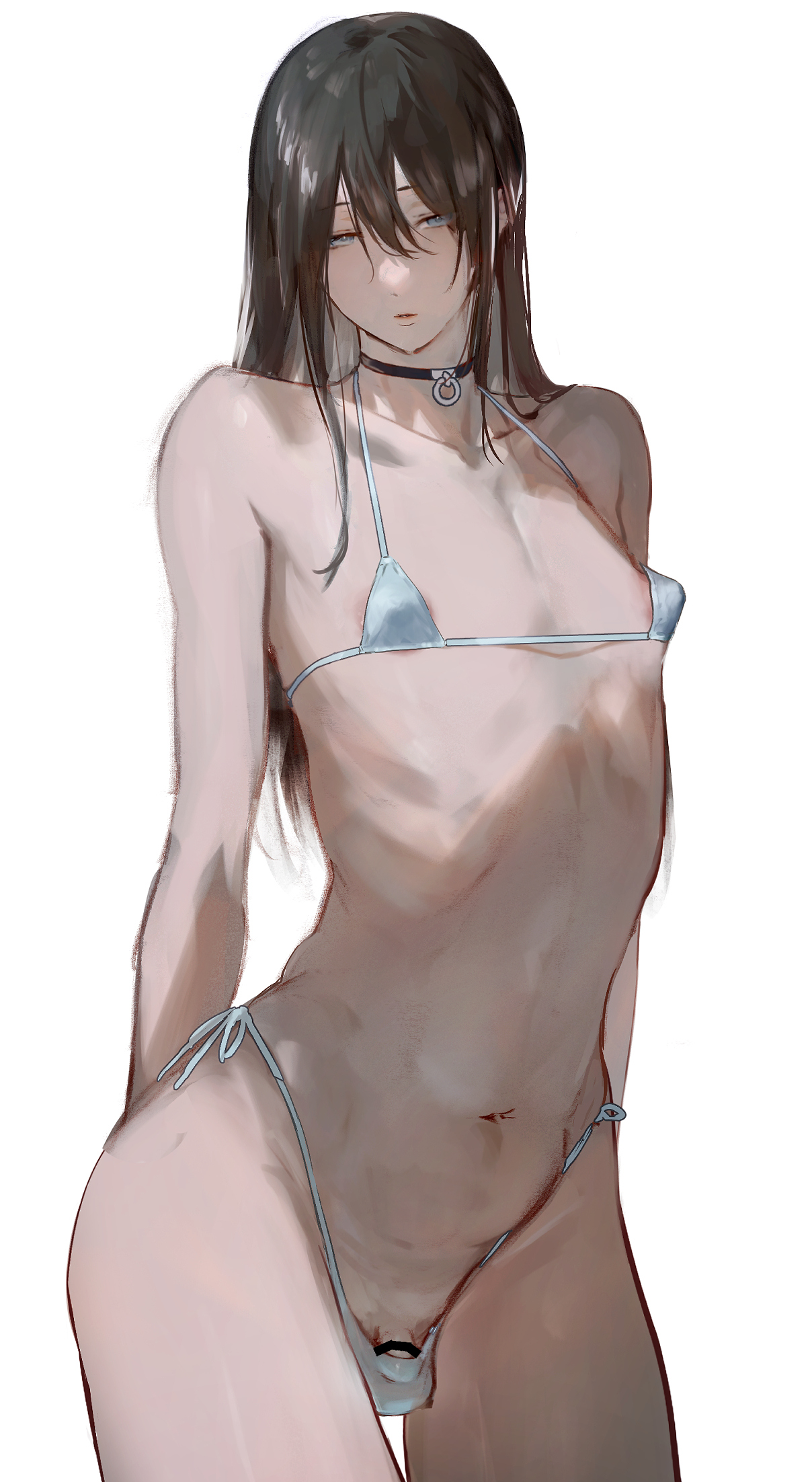 1boy, 2024, 2d, 2d (artwork), back length hair, bare shoulders, bikini, black hair, choker, demure, erect nipples, femboy, light blue eyes, ring choker, slender body, slim, slim male, small penis, solo, standing, tagme, thin waist, white background, ziv zivy