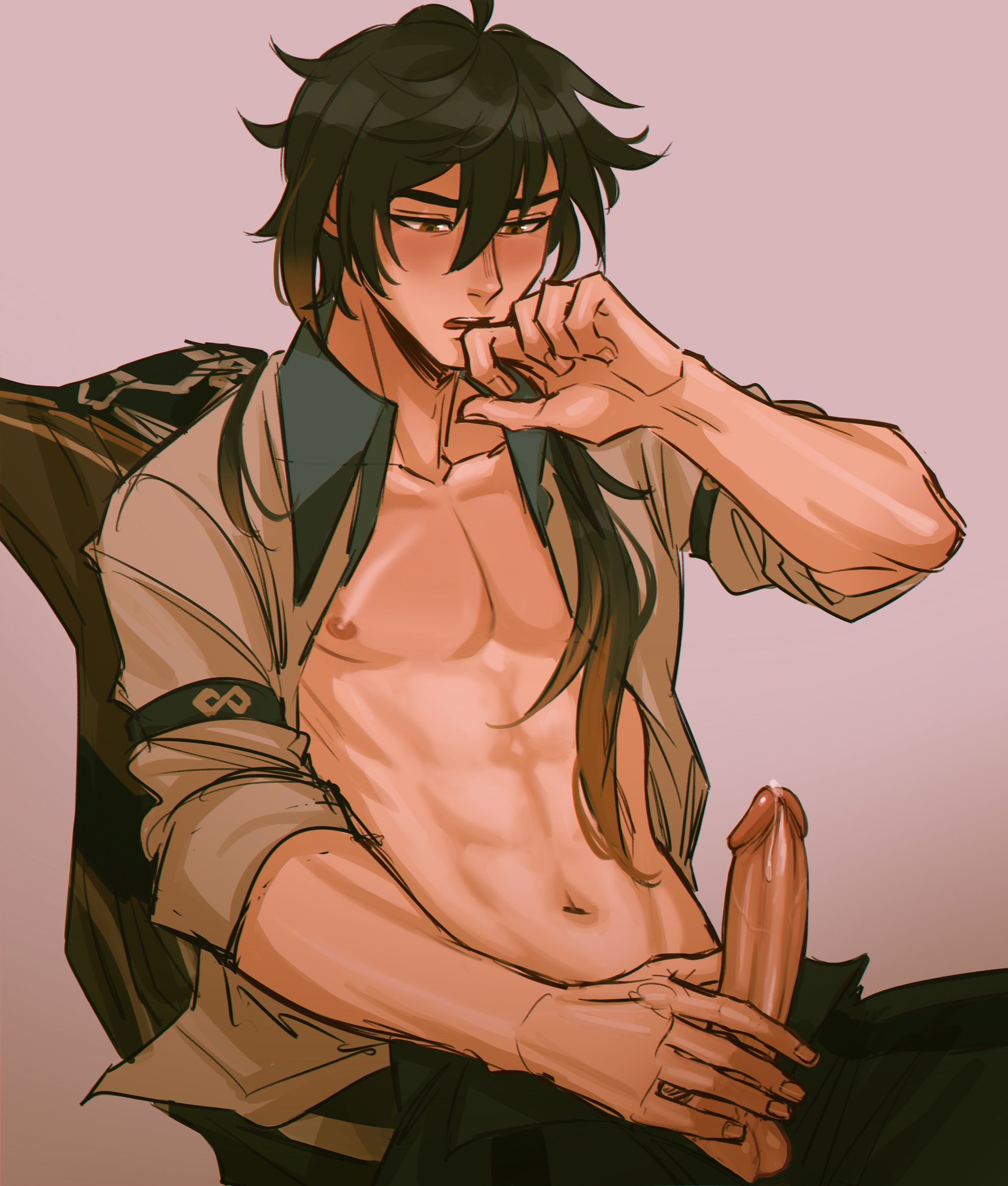 1boy, bodily fluids, brown hair, clothing, gay, gay male, genital fluids, genitals, genshin impact, hand on penis, long hair, long-haired male, male, male only, masturbation, open shirt, penis, penis grab, precum, solo, sombre slahc, yaoi, zhongli (genshin impact)