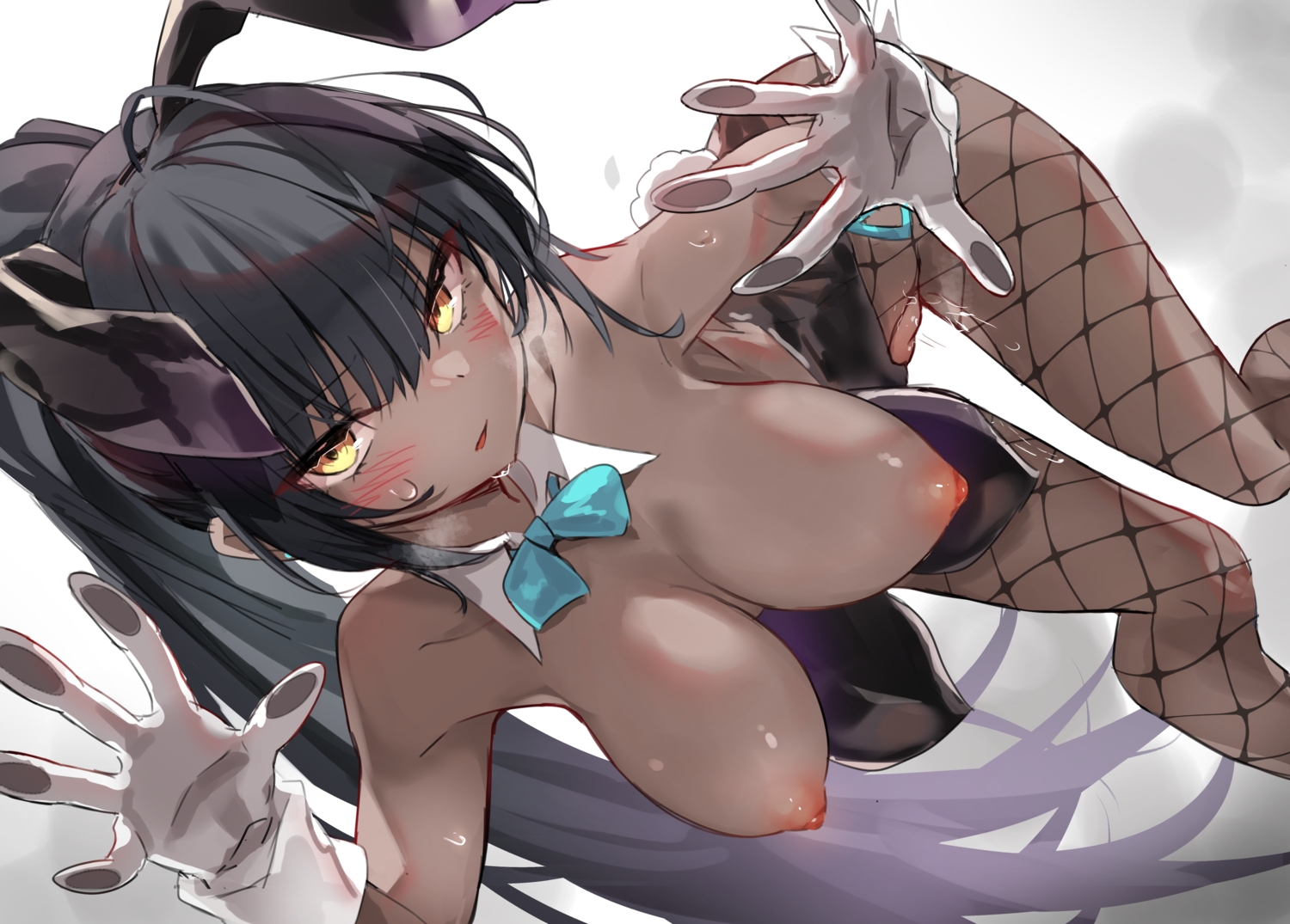 blue archive, blush, breasts, bunny ears, bunnysuit, dark hair, dark skin, female, karin (blue archive), karin (bunny) (blue archive), nipples, ponytail, pussy, pussy juice, toshizou (0714), yellow eyes