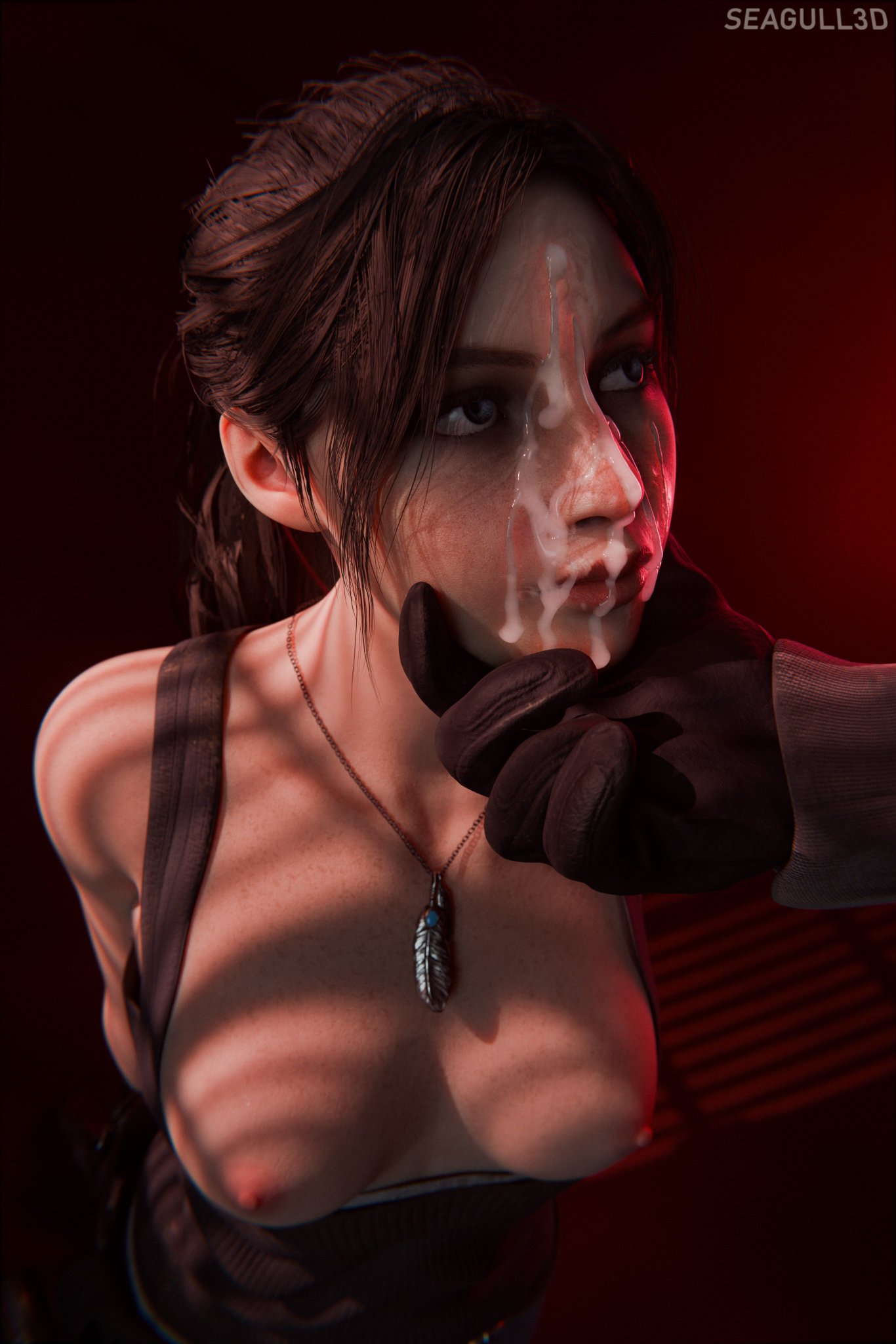 1female, 3d, 3d (artwork), 3d model, arms behind back, breasts, breasts out, brunette-haired female, claire redfield, claire redfield (jordan mcewen), cum, cum on face, facial, female focus, gloves, holding head, kneeling, looking at another, prison, red lighting, resident evil, resident evil (series), resident evil 2, resident evil 2 remake, seagull3d, vaerhonfx